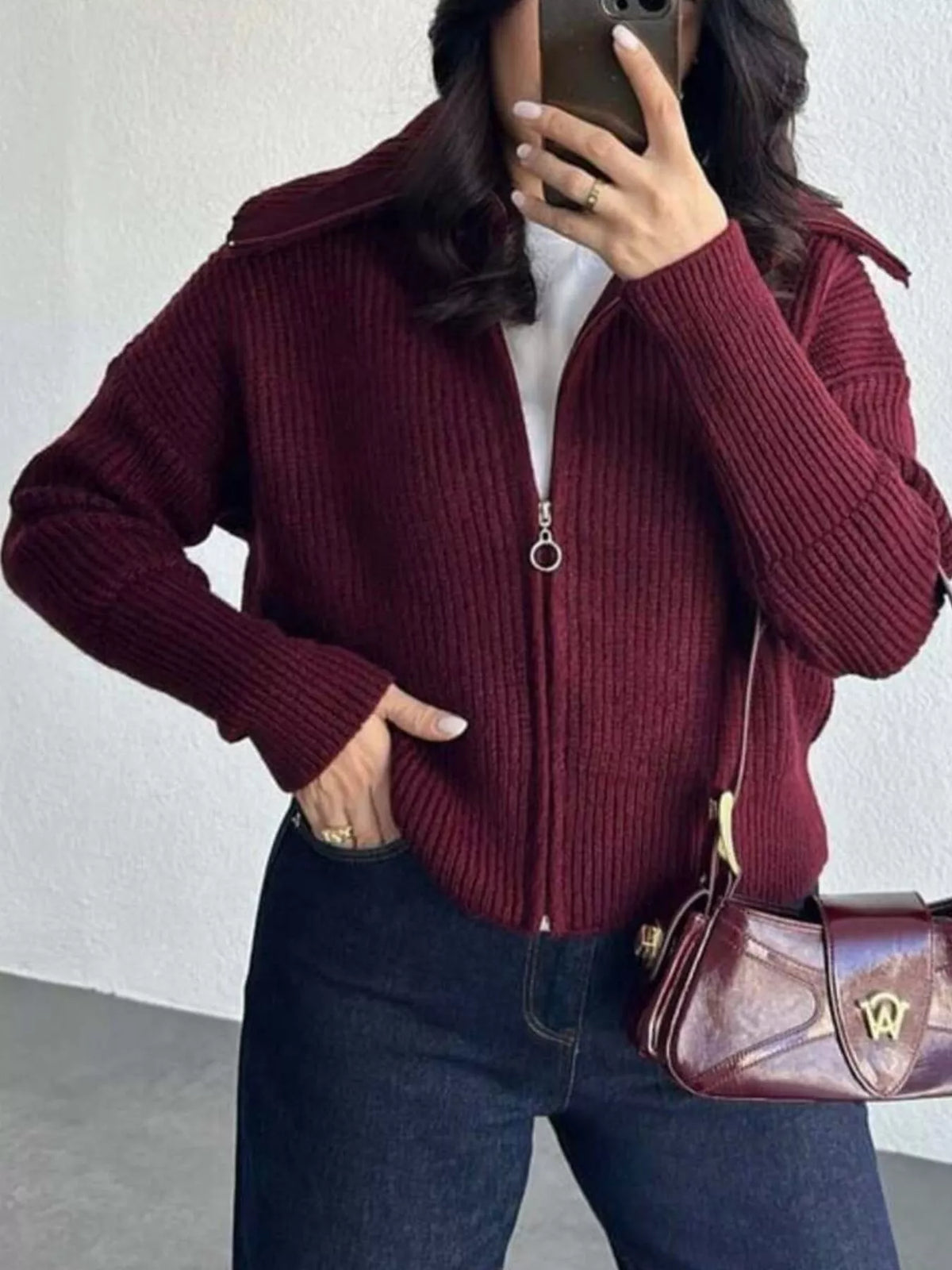 Trendsi Zip Up Dropped Shoulder Cardigan -