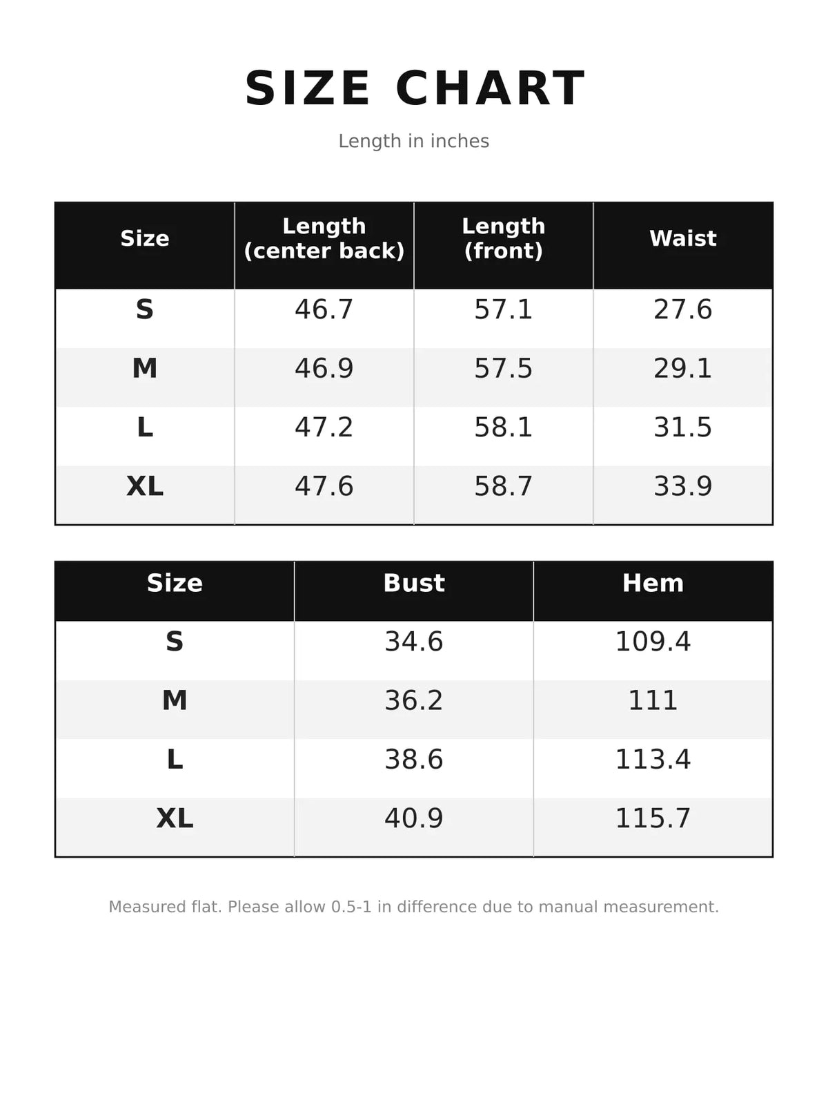 Size chart for women's paneled bodice gathered midi dress