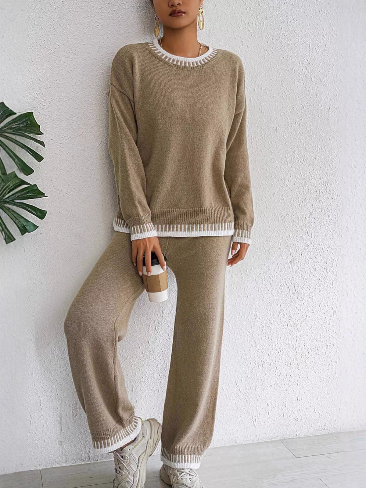 Taupe Contrast Trim Crew Neck Sweater and Pants Set detail view