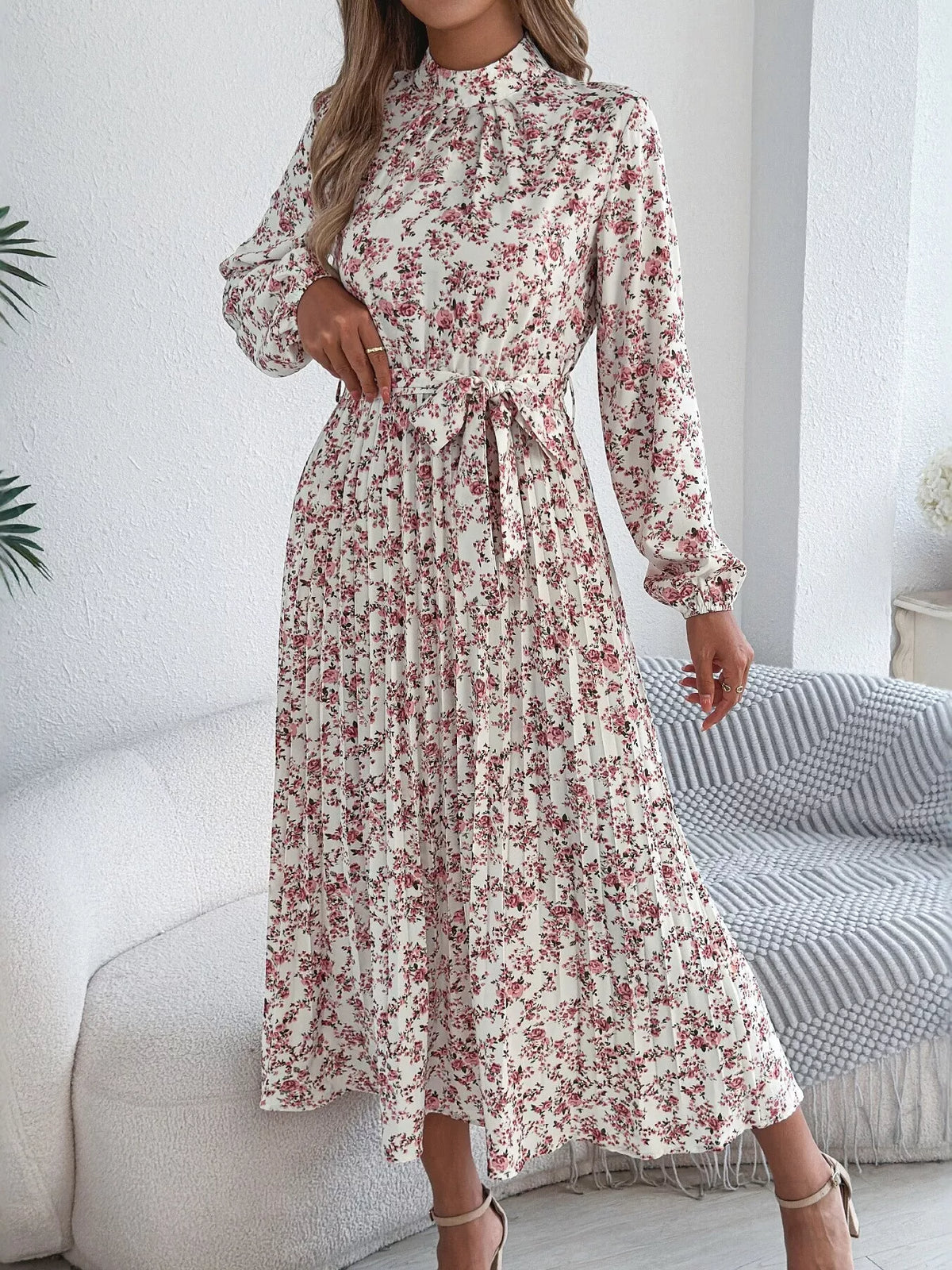 White floral print long sleeve midi dress