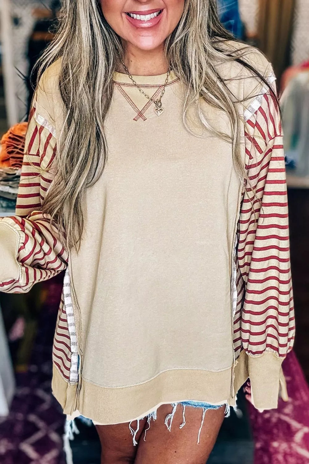Trendsi Slit Striped Long Sleeve Sweatshirt -