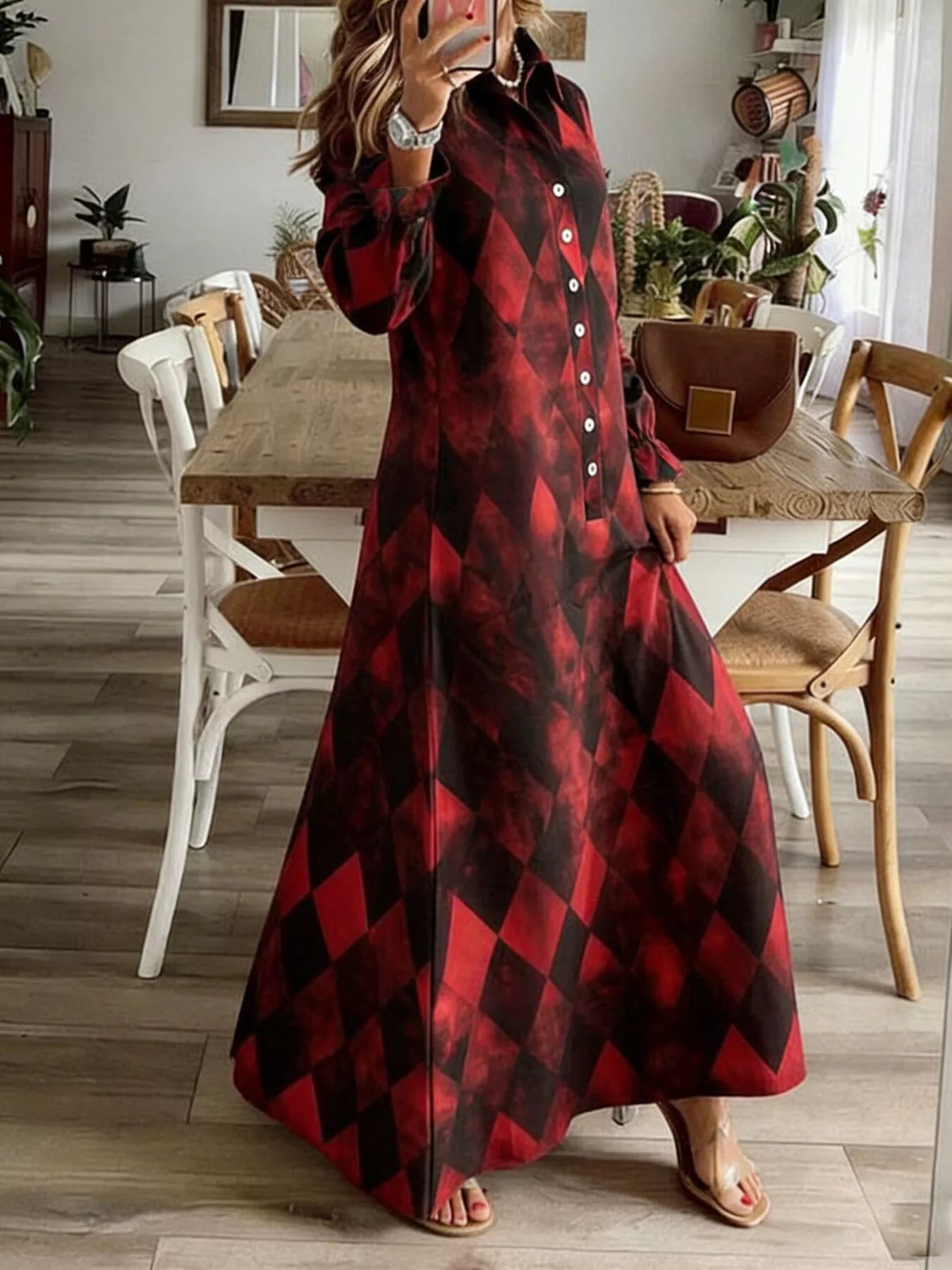 Trendsi Argyle Print Button-Down Maxi Dress -