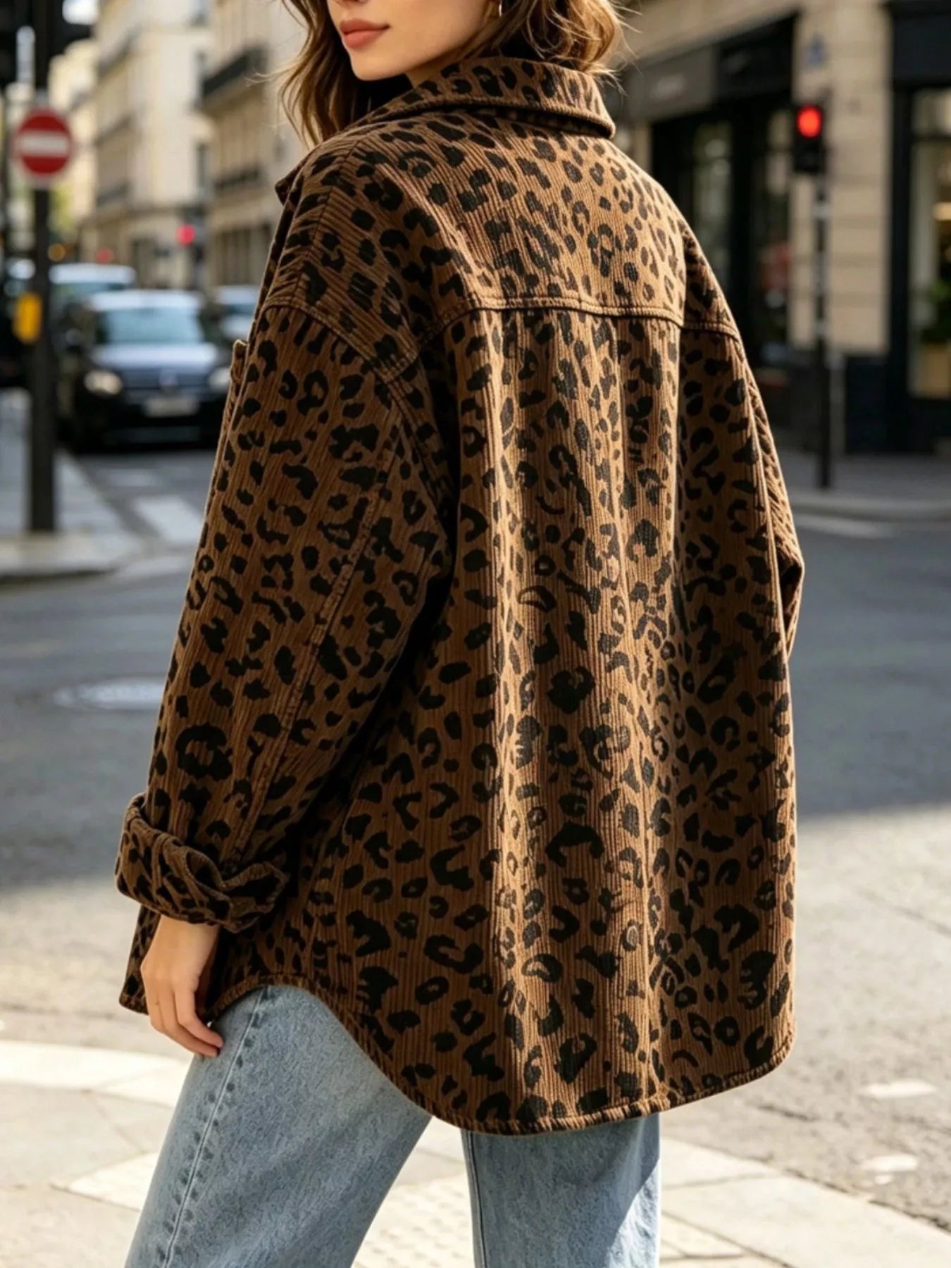 Trendsi Oversized Leopard Corduroy Button-Down Shirt -