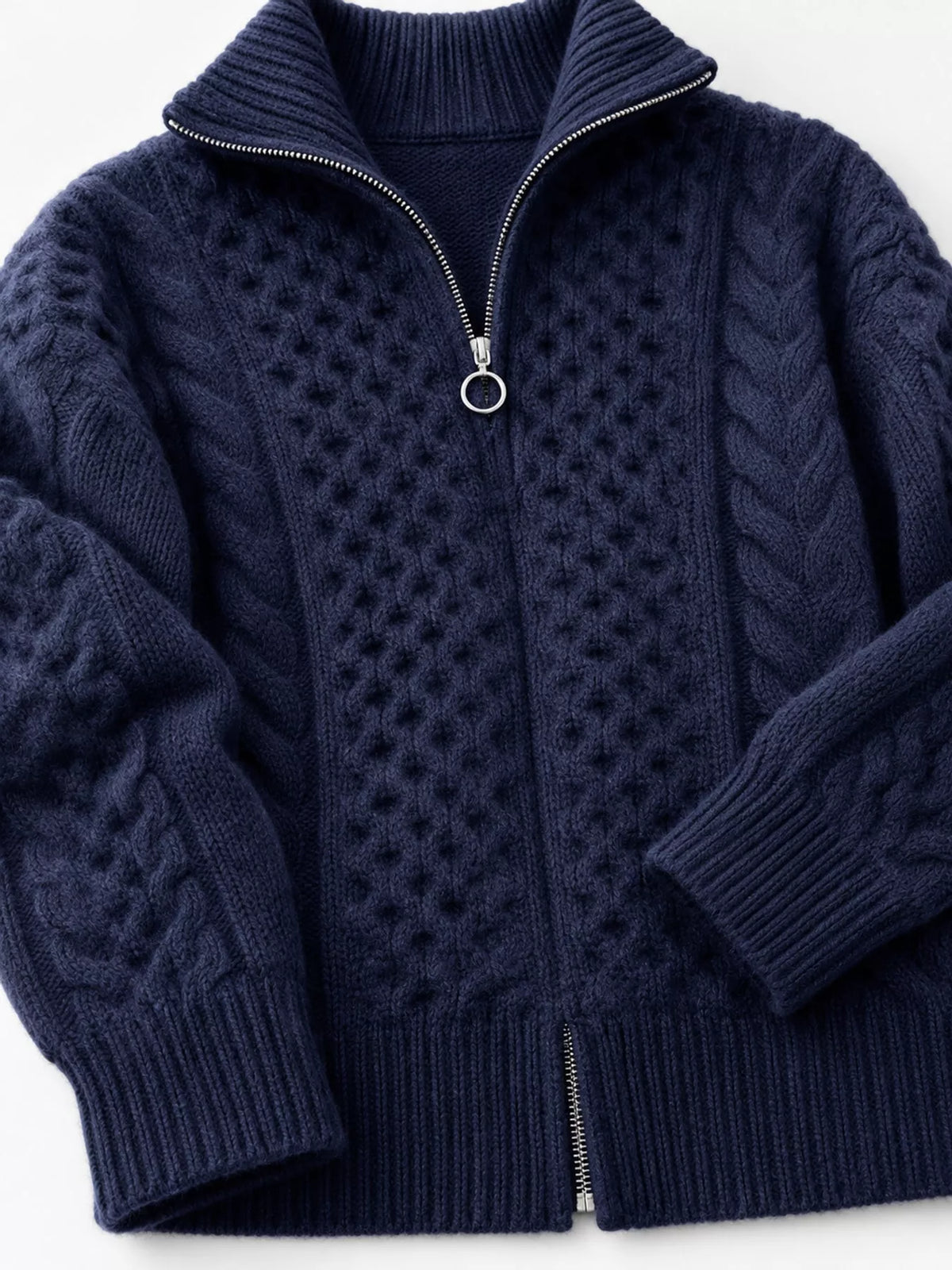Cable-knit cardigan, navy zipper and cuffs