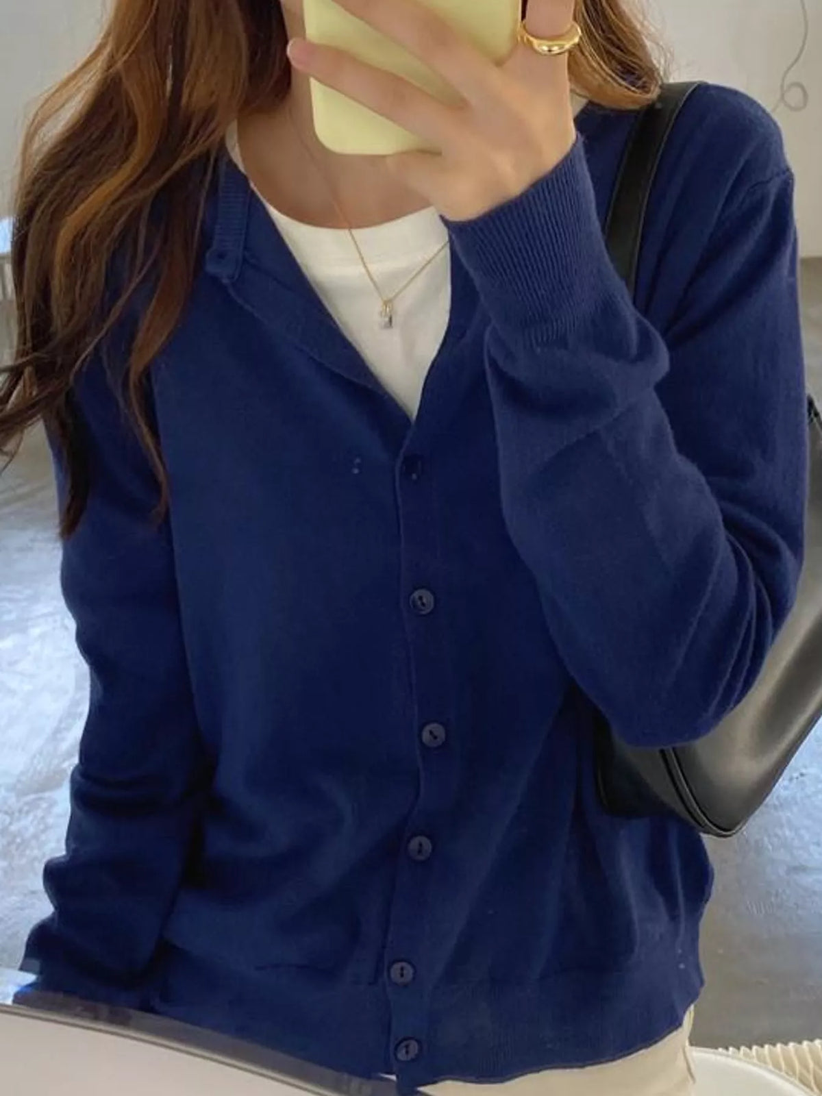 Women's Crew Neck Button-Down Knit Cardigan in navy — front view