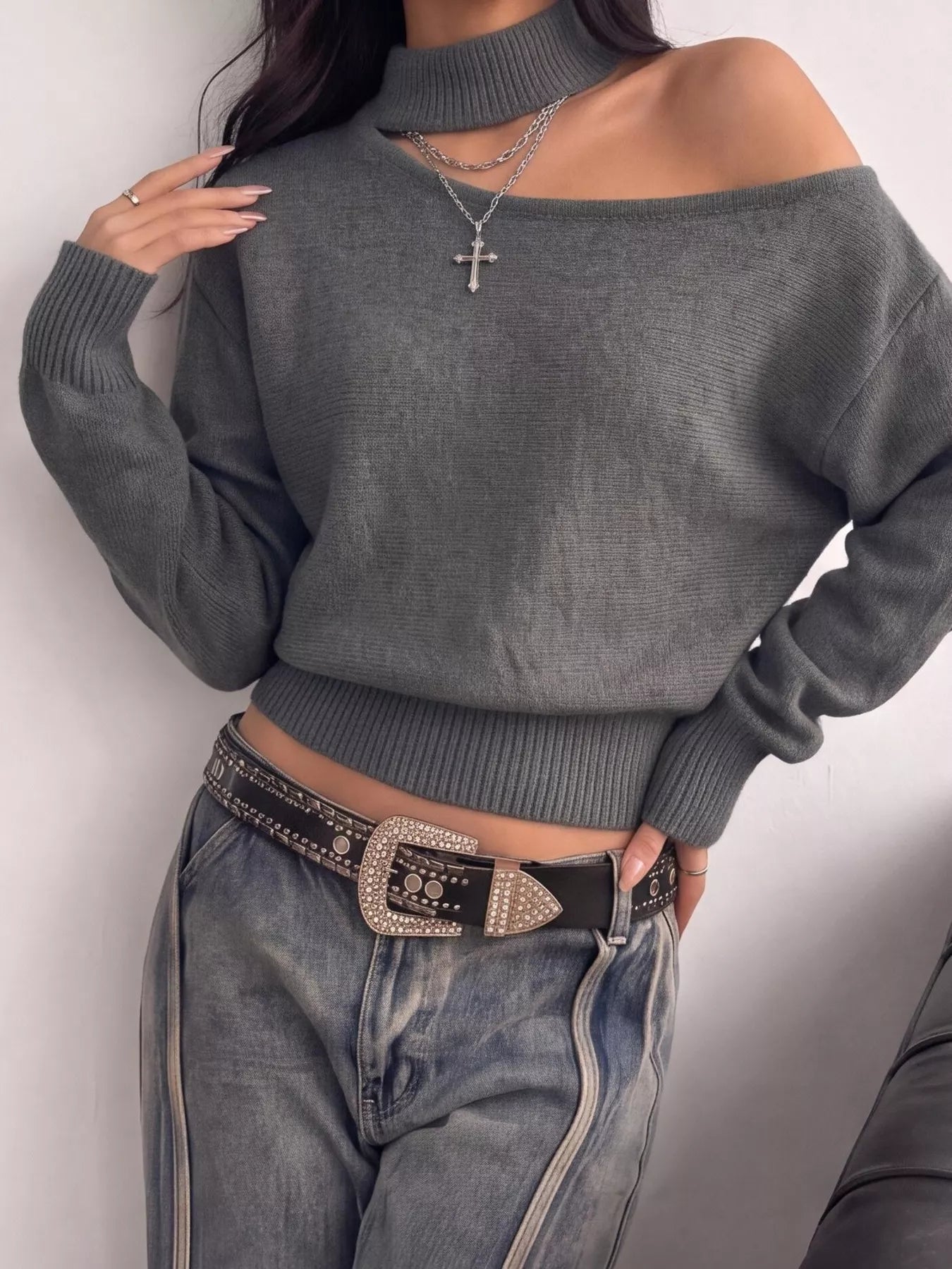Trendsi Cold-Shoulder Dropped Shoulder Sweater -