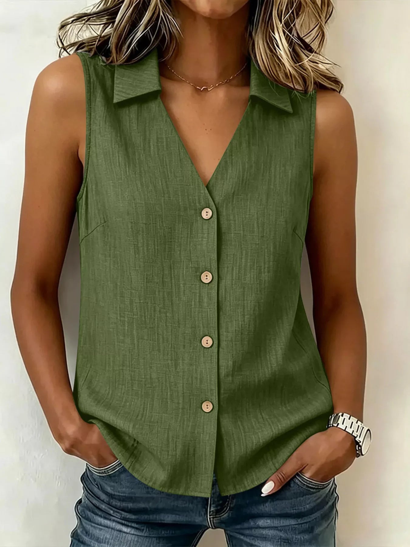 Trendsi Full Size Button-Up Collared Neck Sleeveless Top Plus Size -