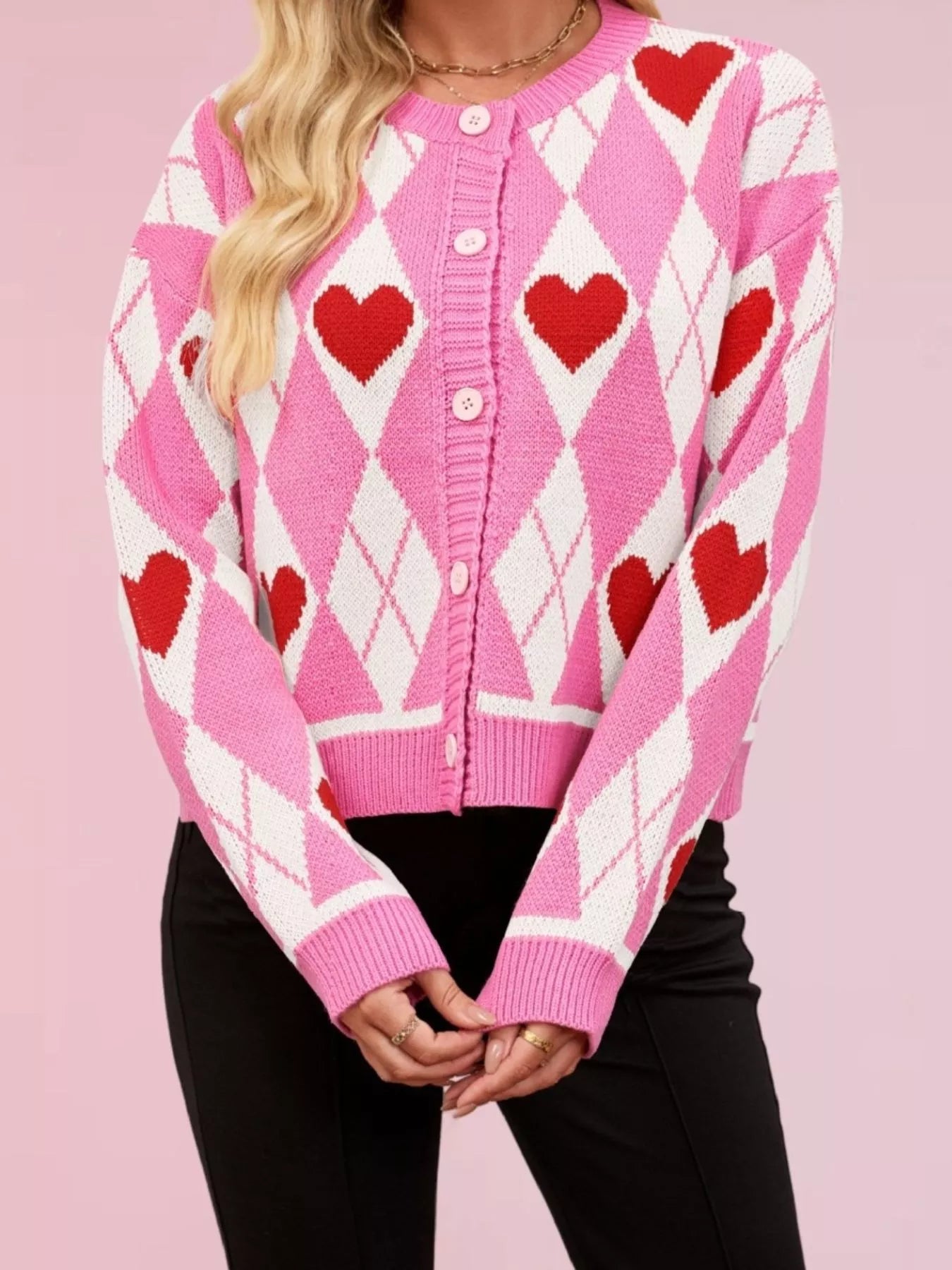 Trendsi Argyle Heart Pattern Button-Up Knit Cardigan -