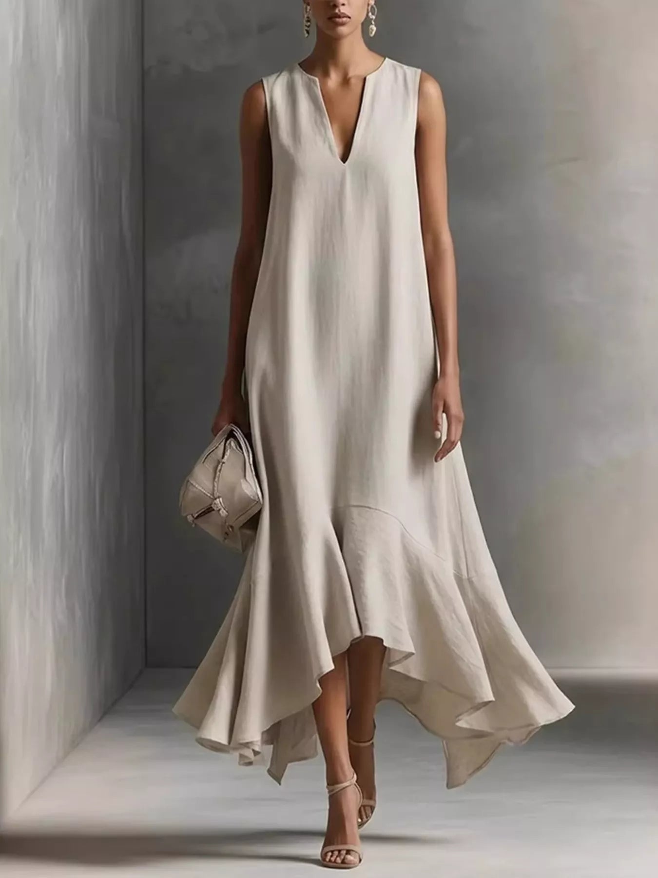 Trendsi Ruffled Hem Sleeveless Notched Dress -