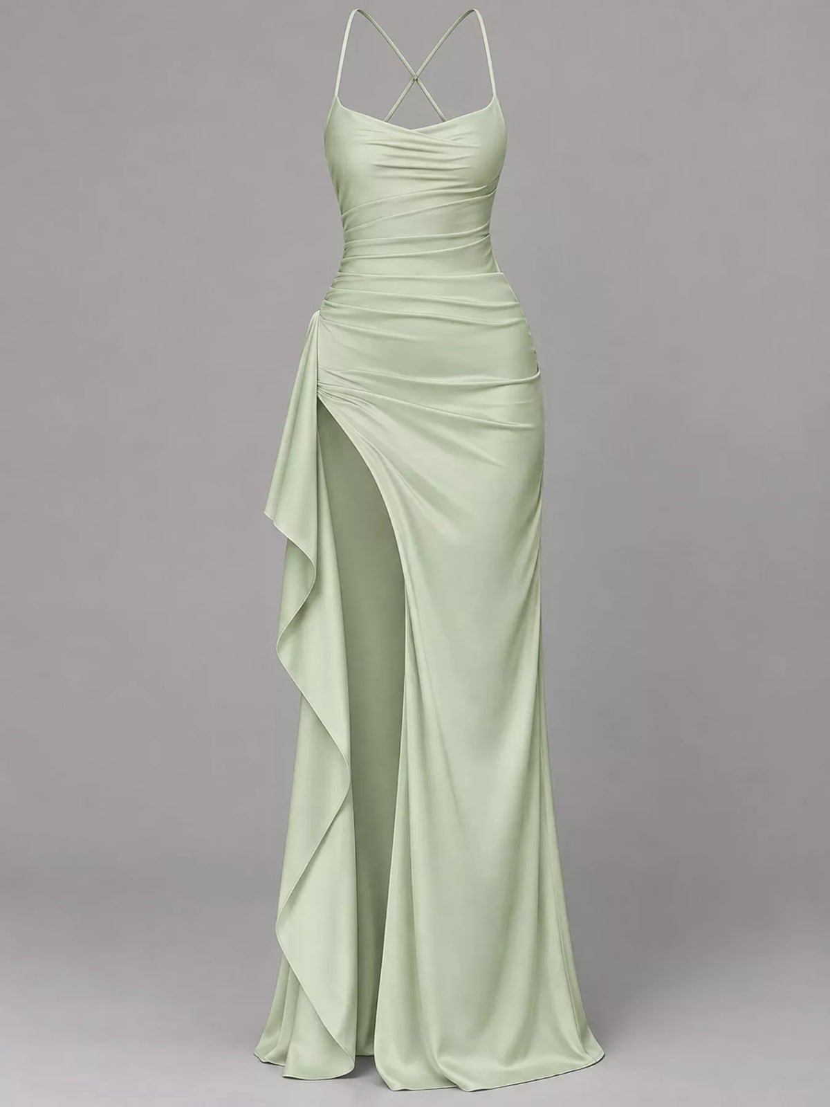Pale green satin ruched high slit maxi dress, front view