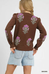 Trendsi Umgee Single Flower Stem Jacquard Sweater -