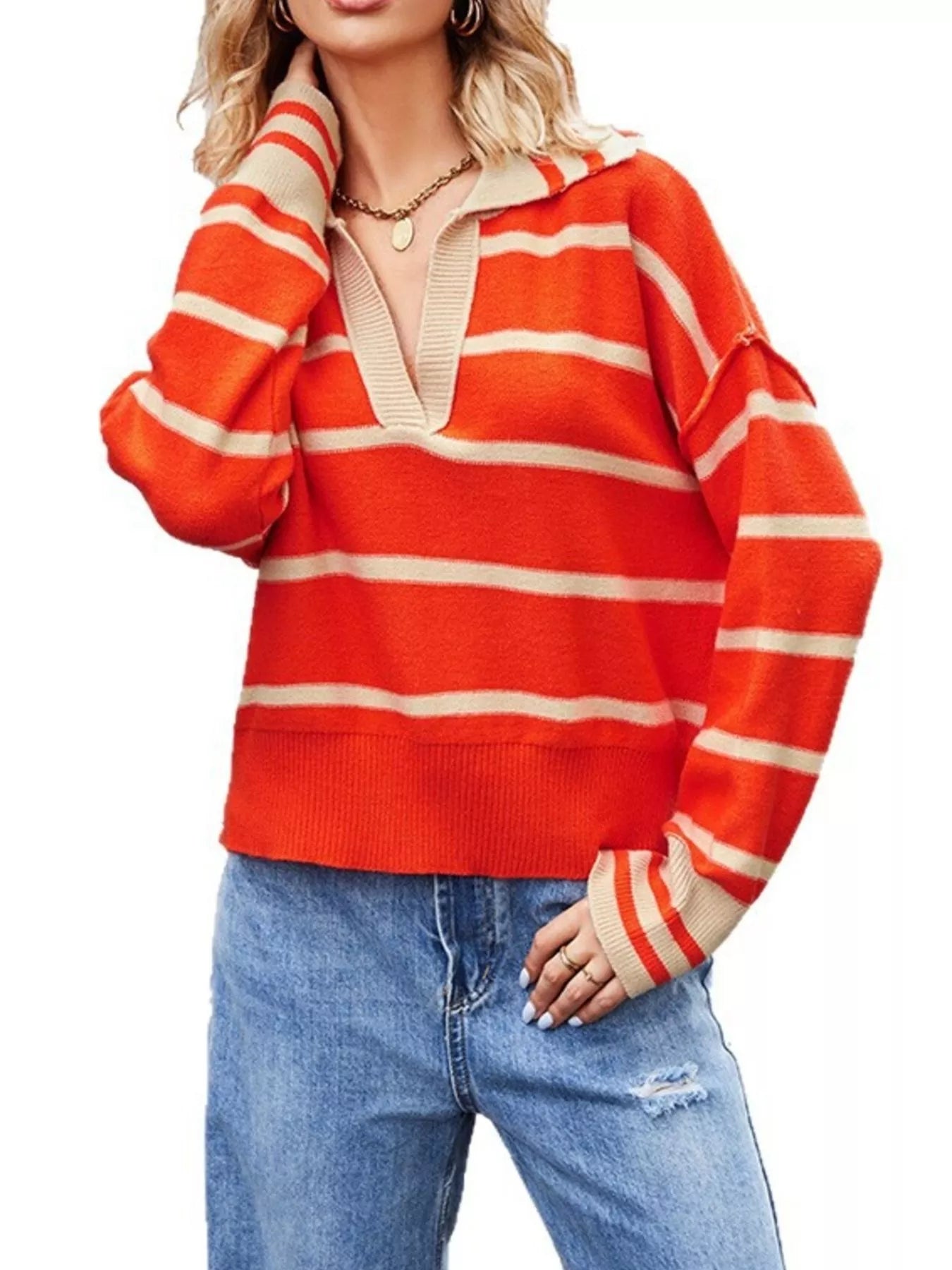 Trendsi Striped Johnny Collar Dropped Shoulder Sweater -
