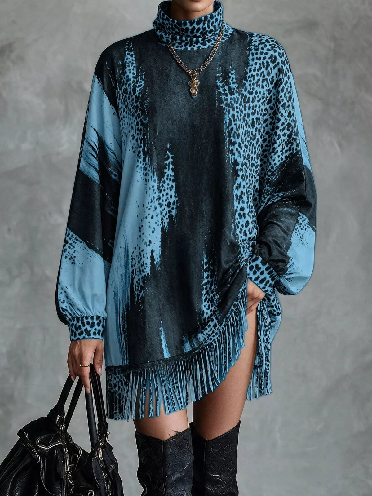 Leopard fringe dress, blue front