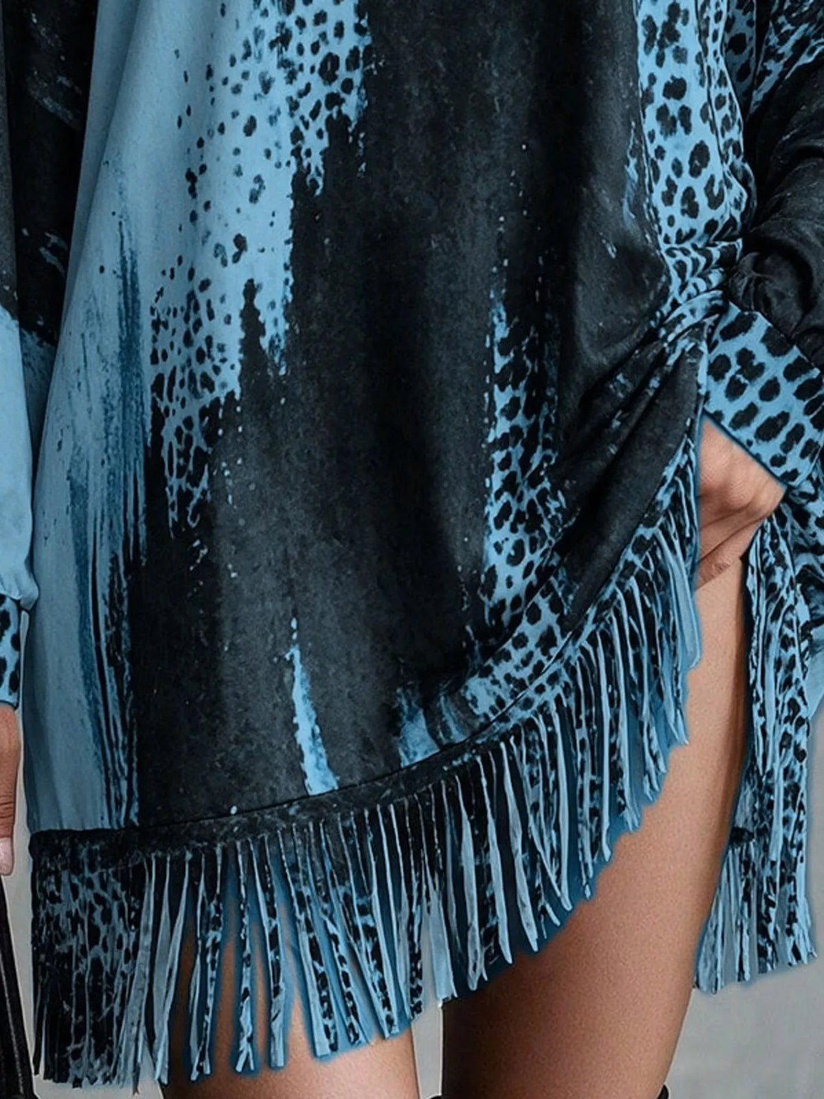 Leopard fringe dress, blue fringe hem detail