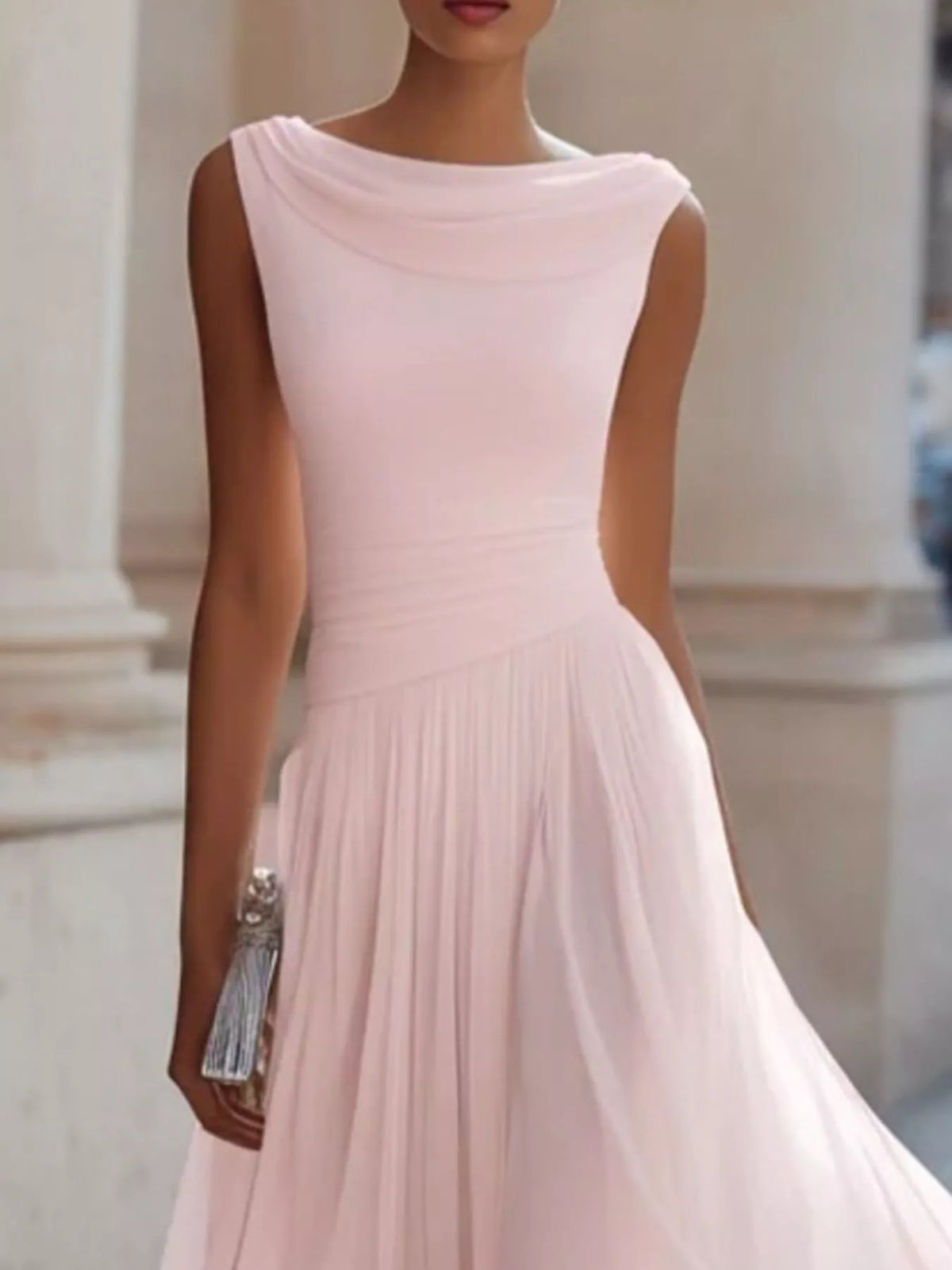 Pink sleeveless boat neck midi dress — design and construction details