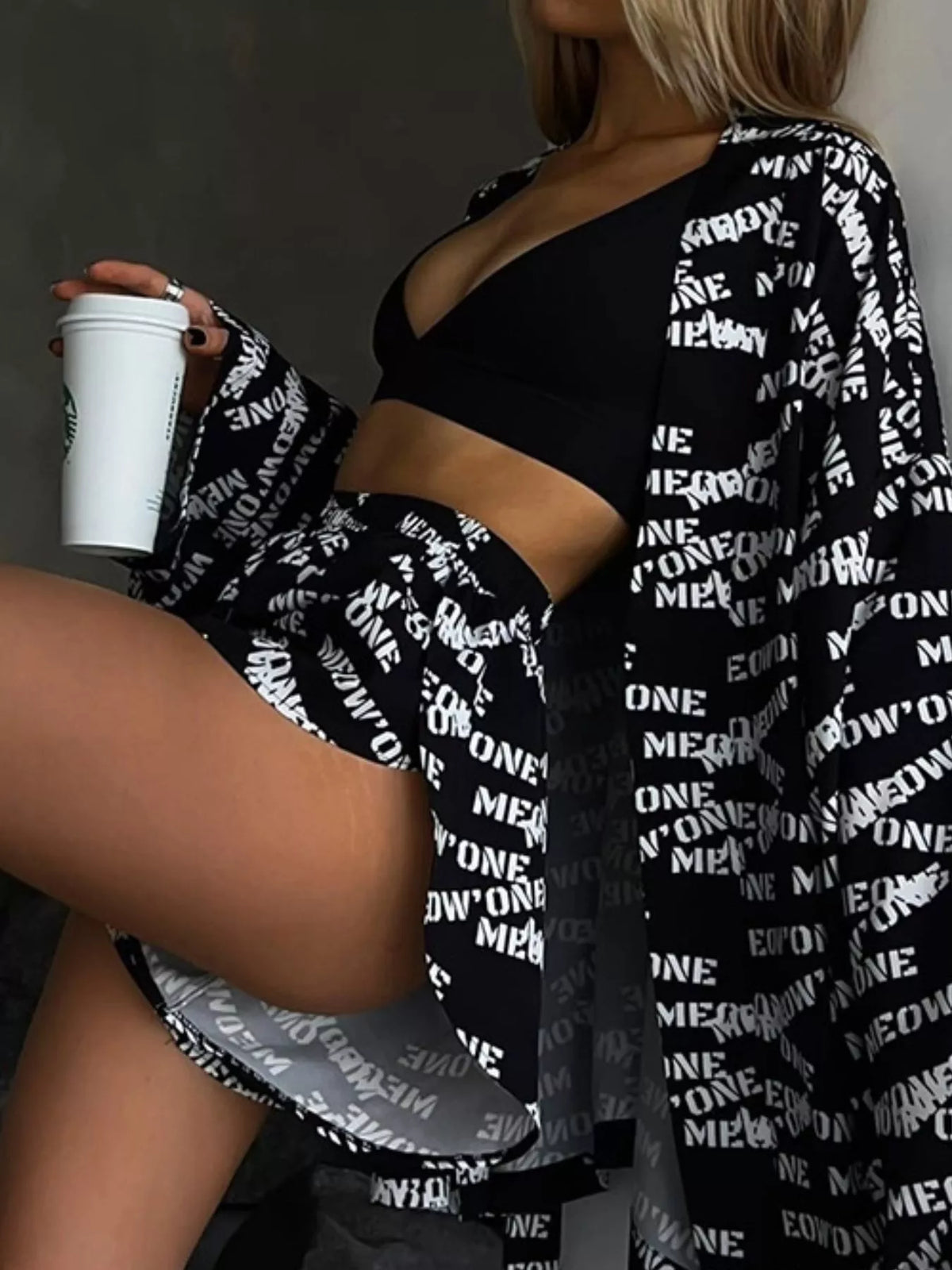 Printed cardigan and shorts set, black lettering-print shorts detail
