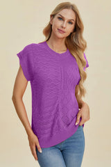 Trendsi Double Take Full Size Cable-Knit Round Neck Cap Sleeve Sweater - Shirts