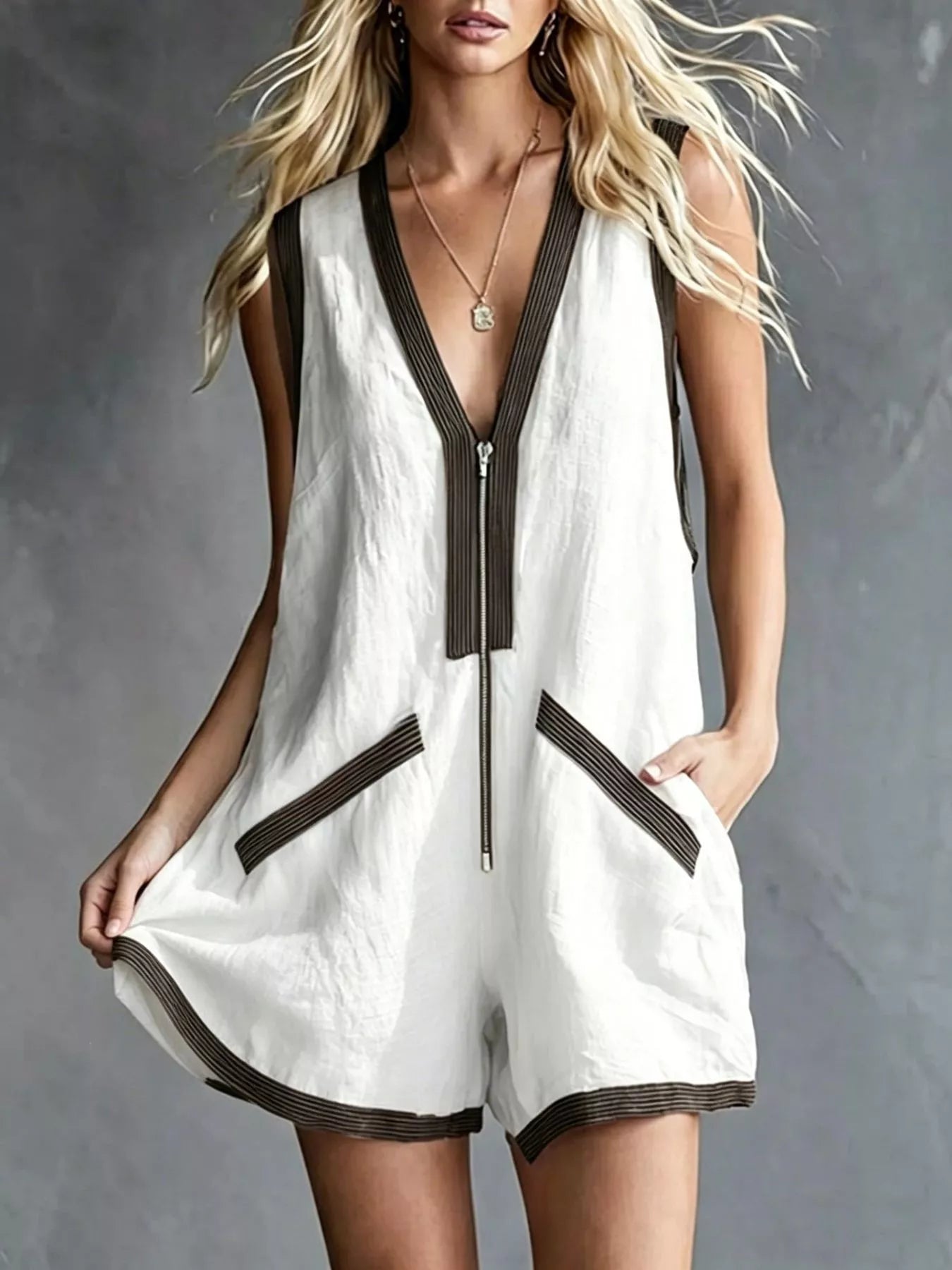 Trendsi V-Neck Zipper Front Romper with Contrast Trim -