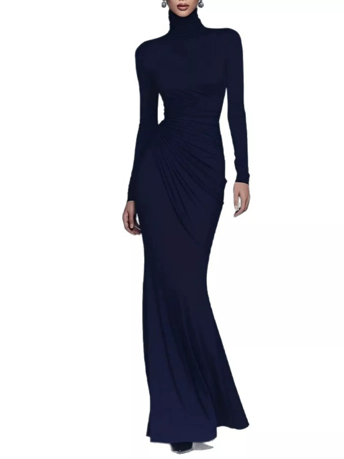Navy turtleneck ruched maxi dress
