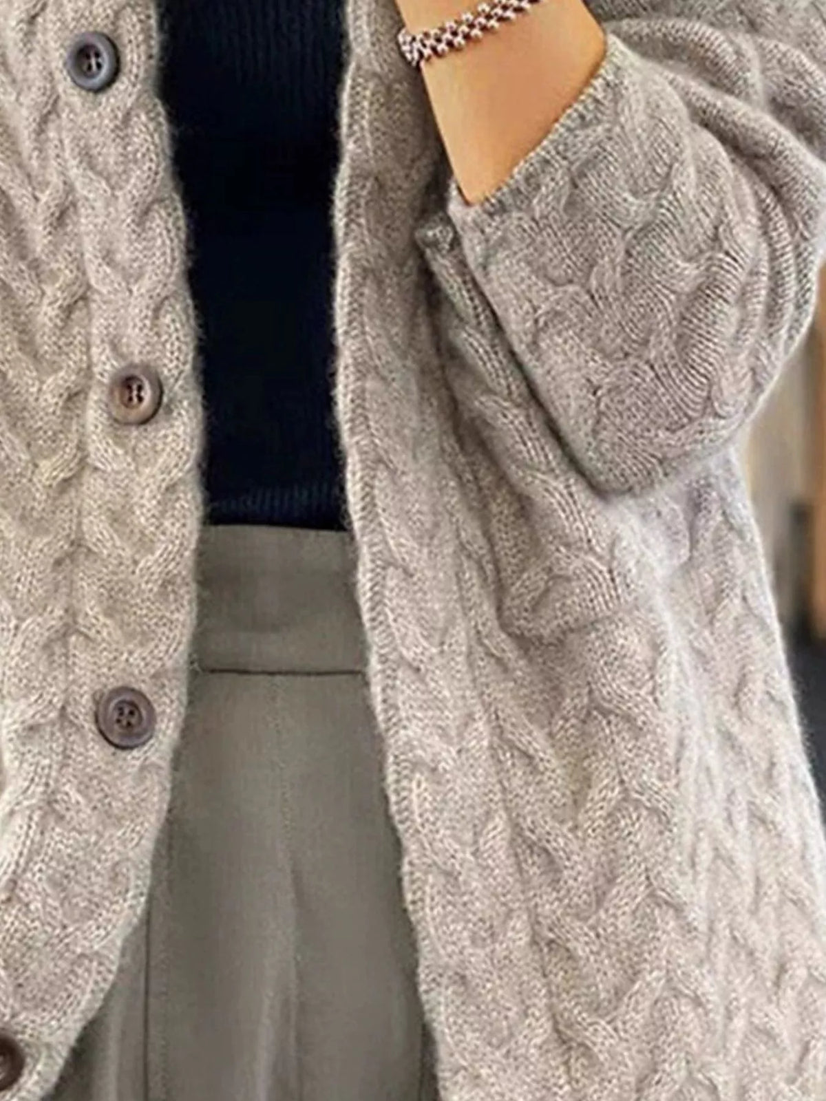 Women's Textured Knit Button-Down Cardigan in gray — button detail view