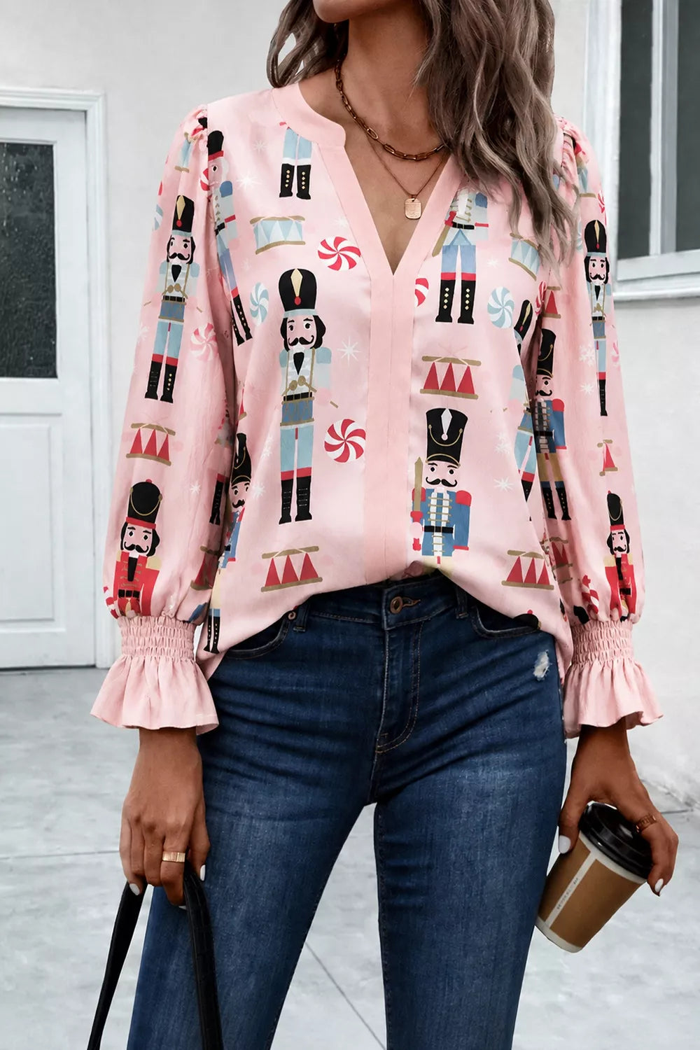 Trendsi Nutcracker Print Notched Flounce Sleeve Blouse -