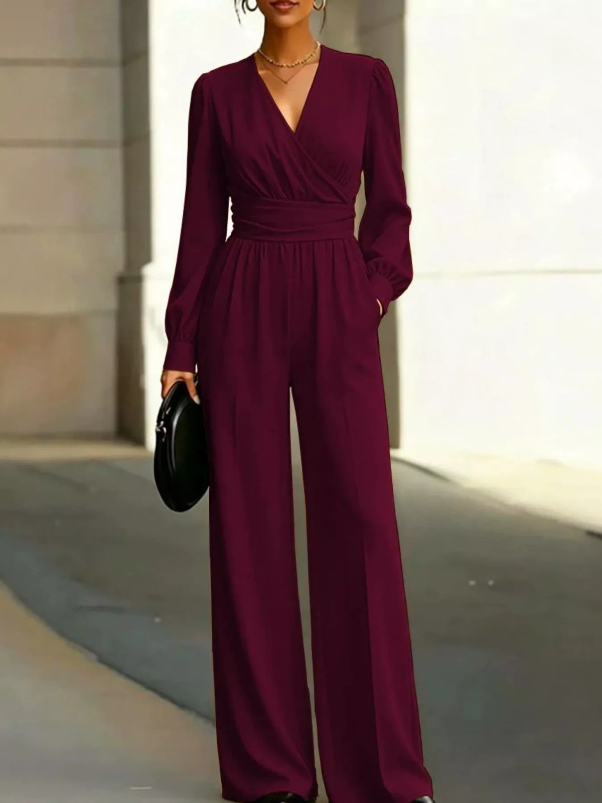 Surplice Long Sleeve Wide-Leg Jumpsuit in burgundy, front view