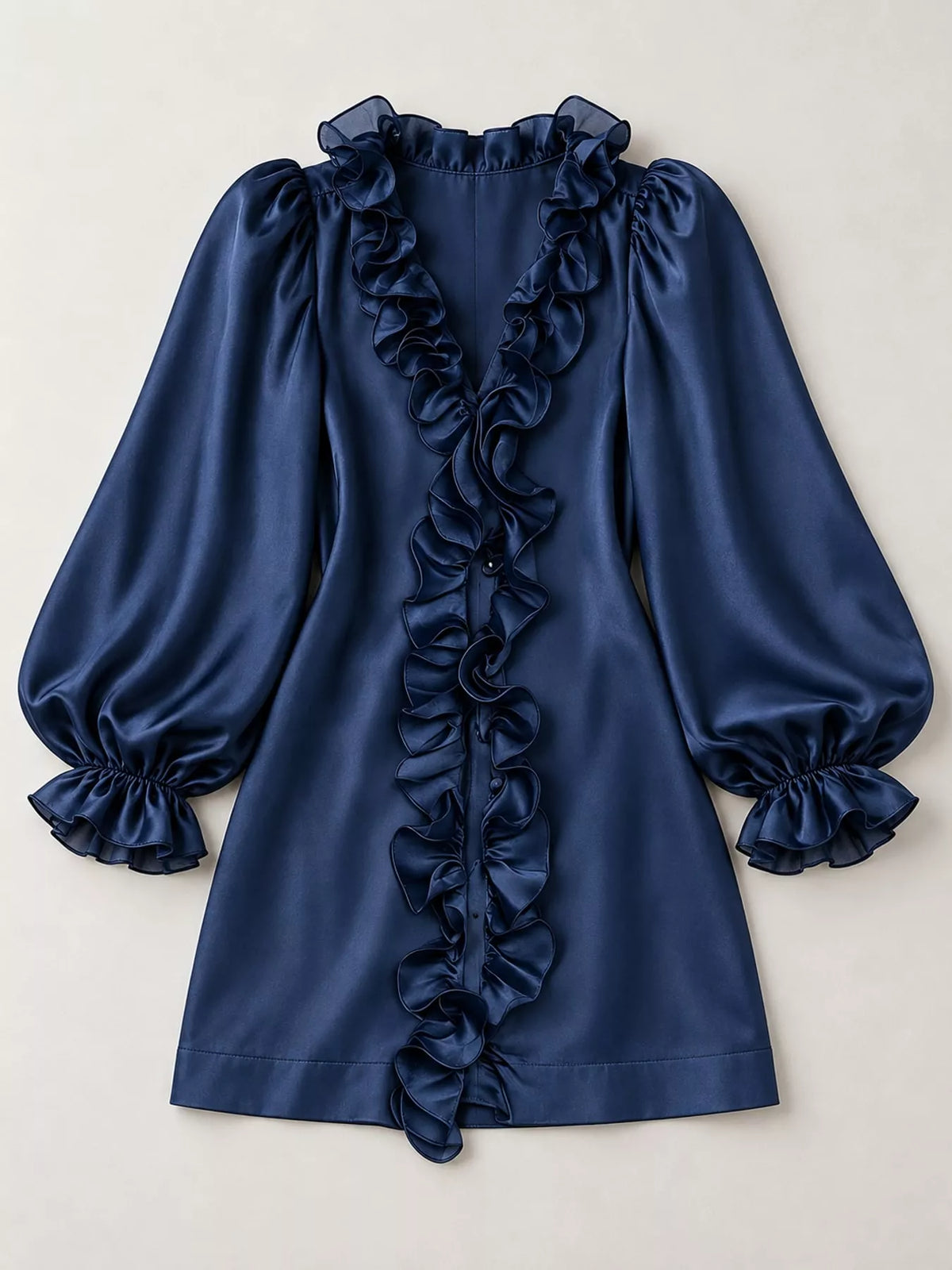 Ruffle Trim Puff Sleeve Mini Dress in navy, front view