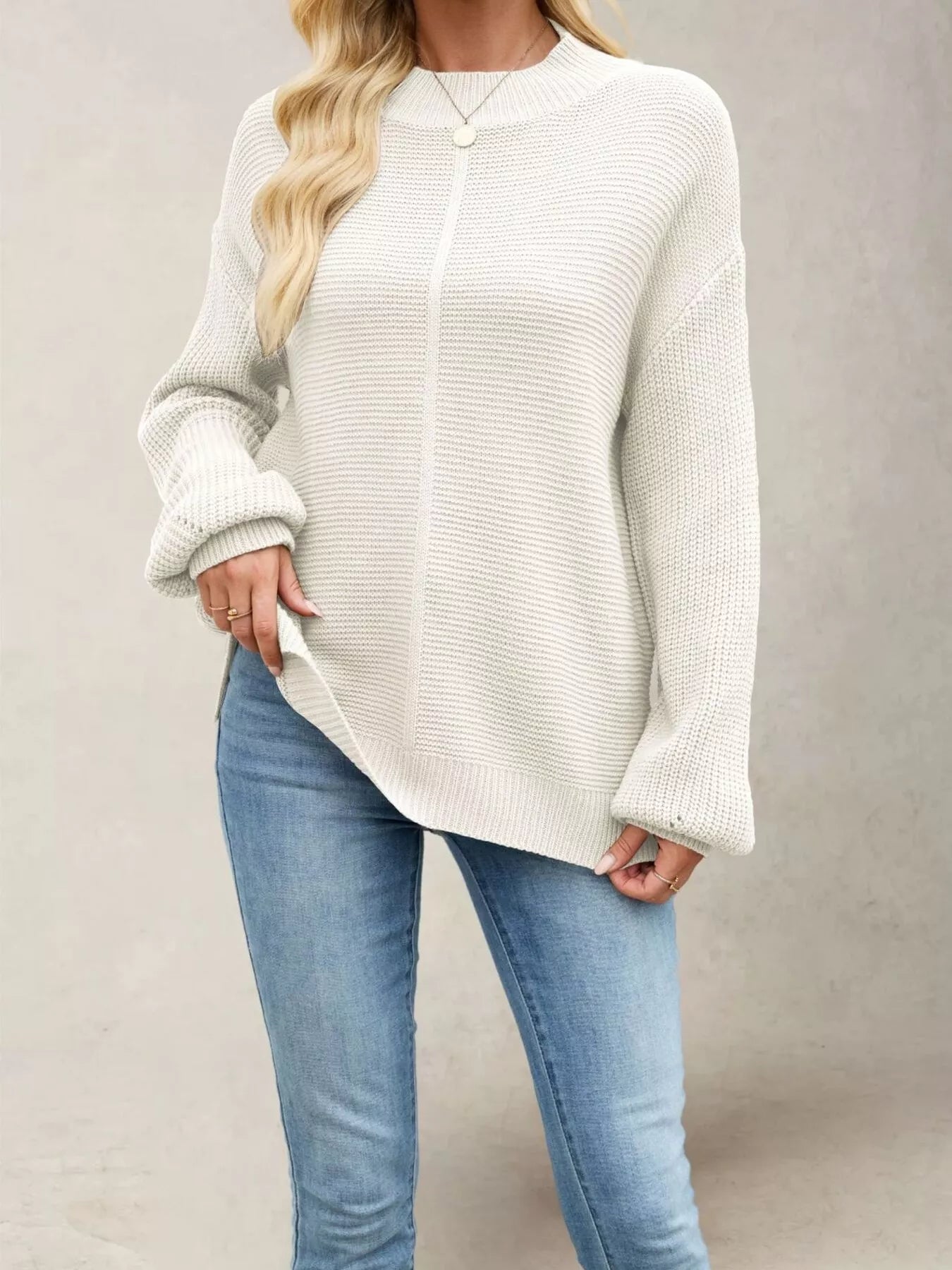 Trendsi Ribbed Mock Neck Drop Shoulder Sweater -