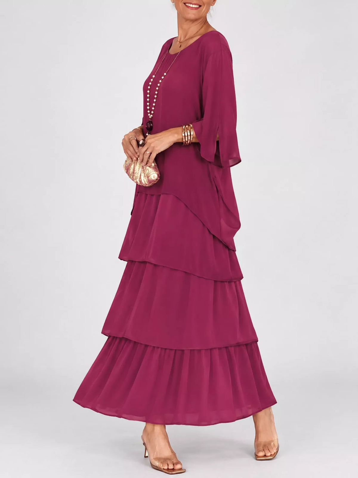 Layered maxi dress, burgundy side