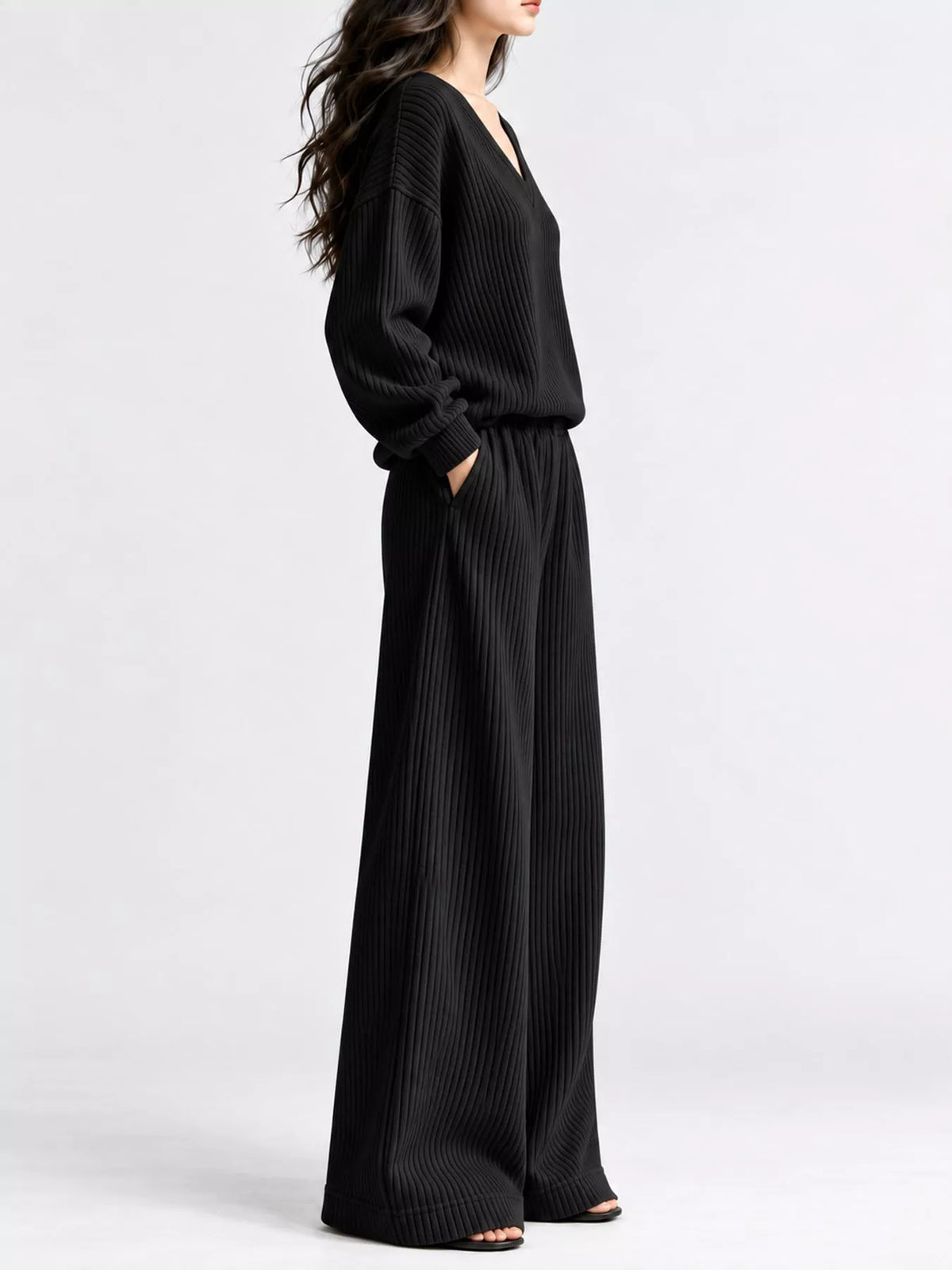 Black corduroy v-neck top and pants set — side view
