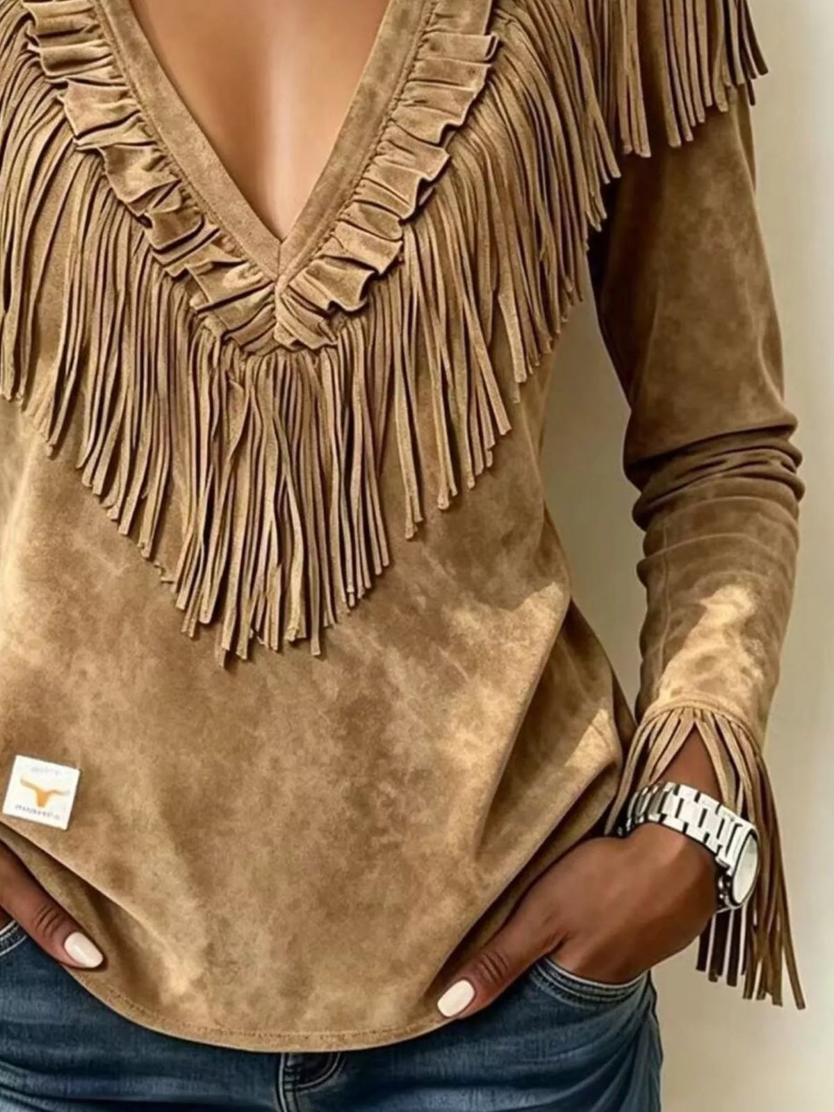 Fringed V-Neck Blouse in taupe, fringe detail