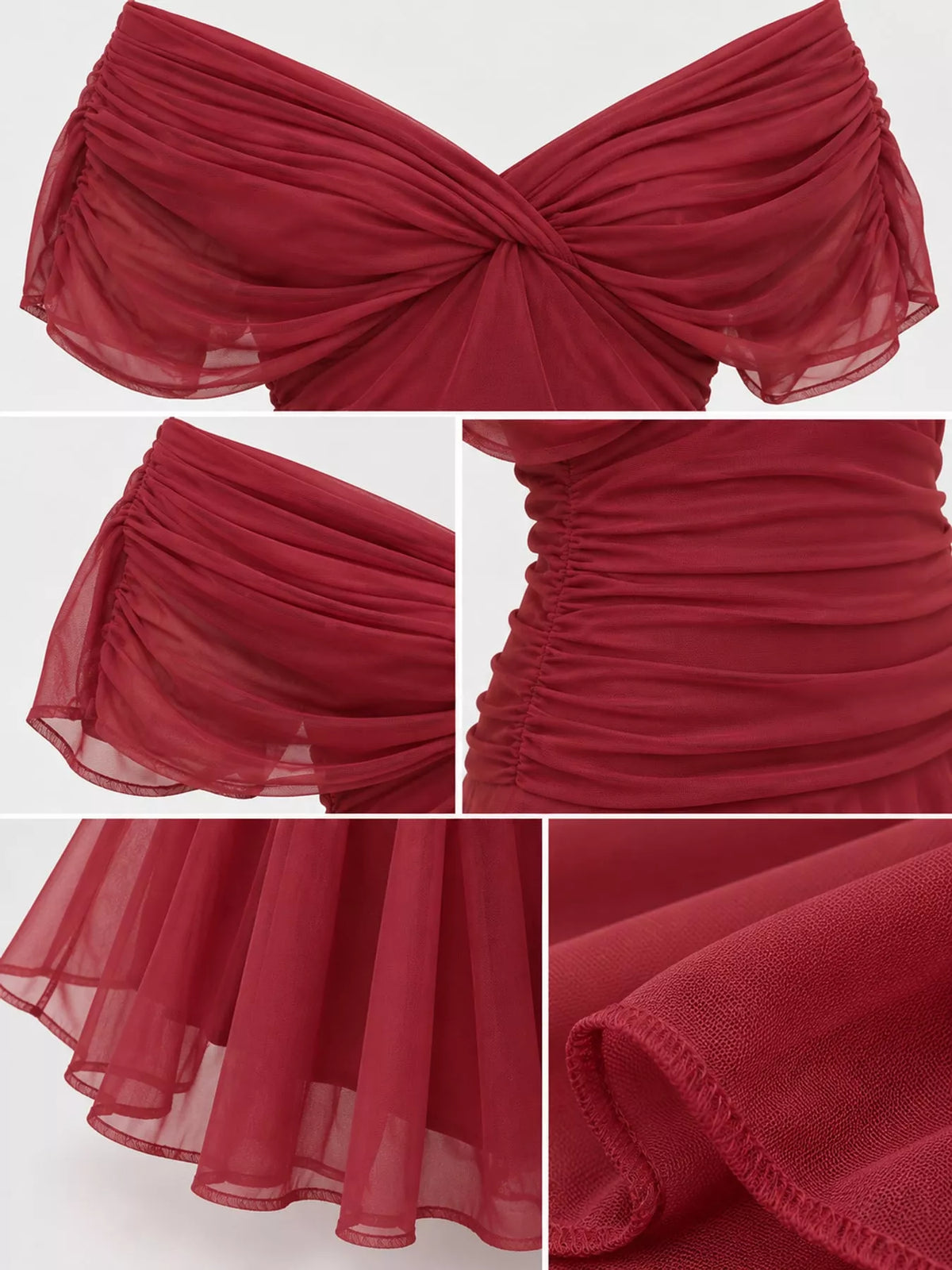 Burgundy off shoulder ruched tulle evening dress, detail view