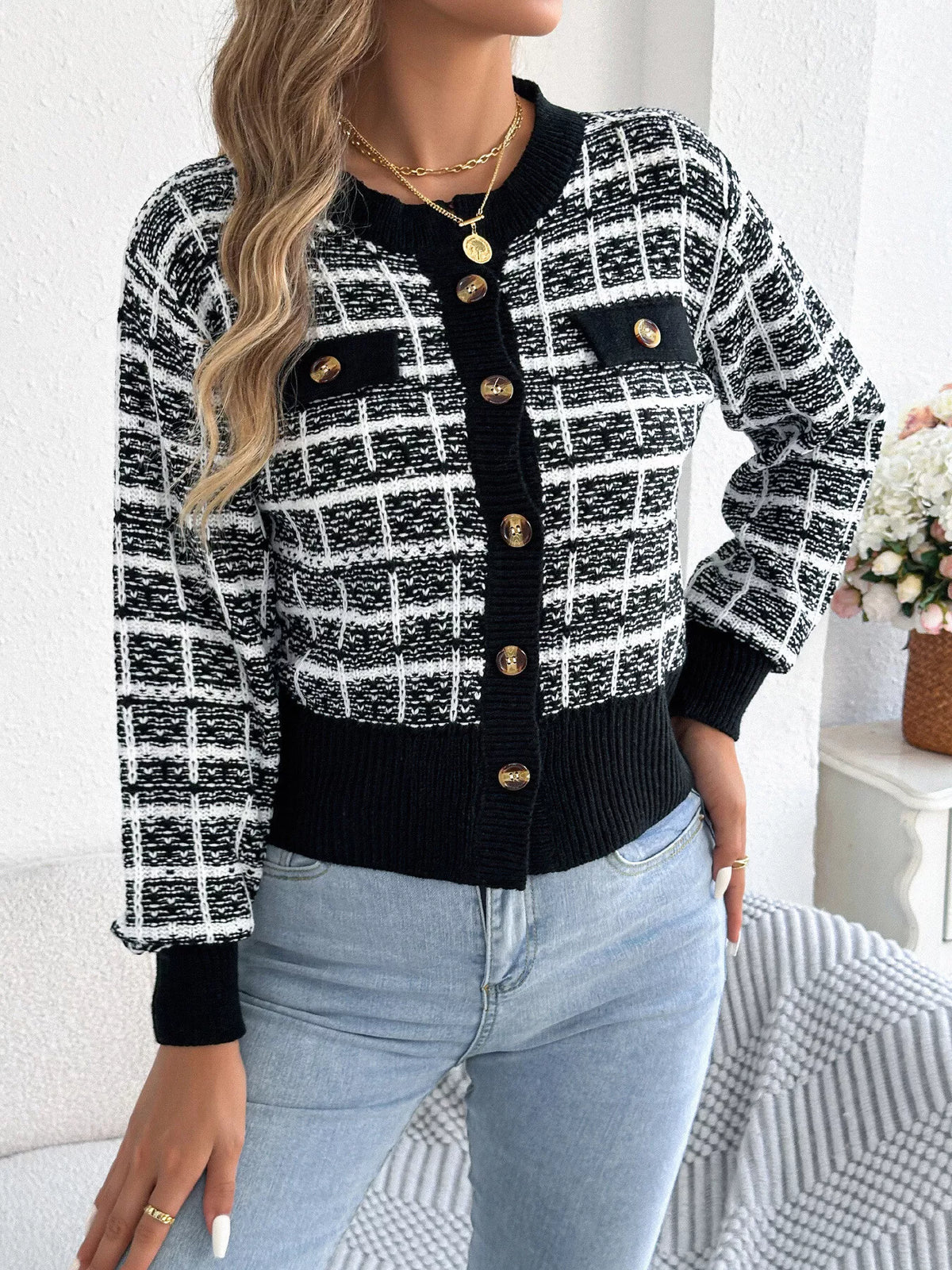 Black plaid tweed-style knit cardigan
