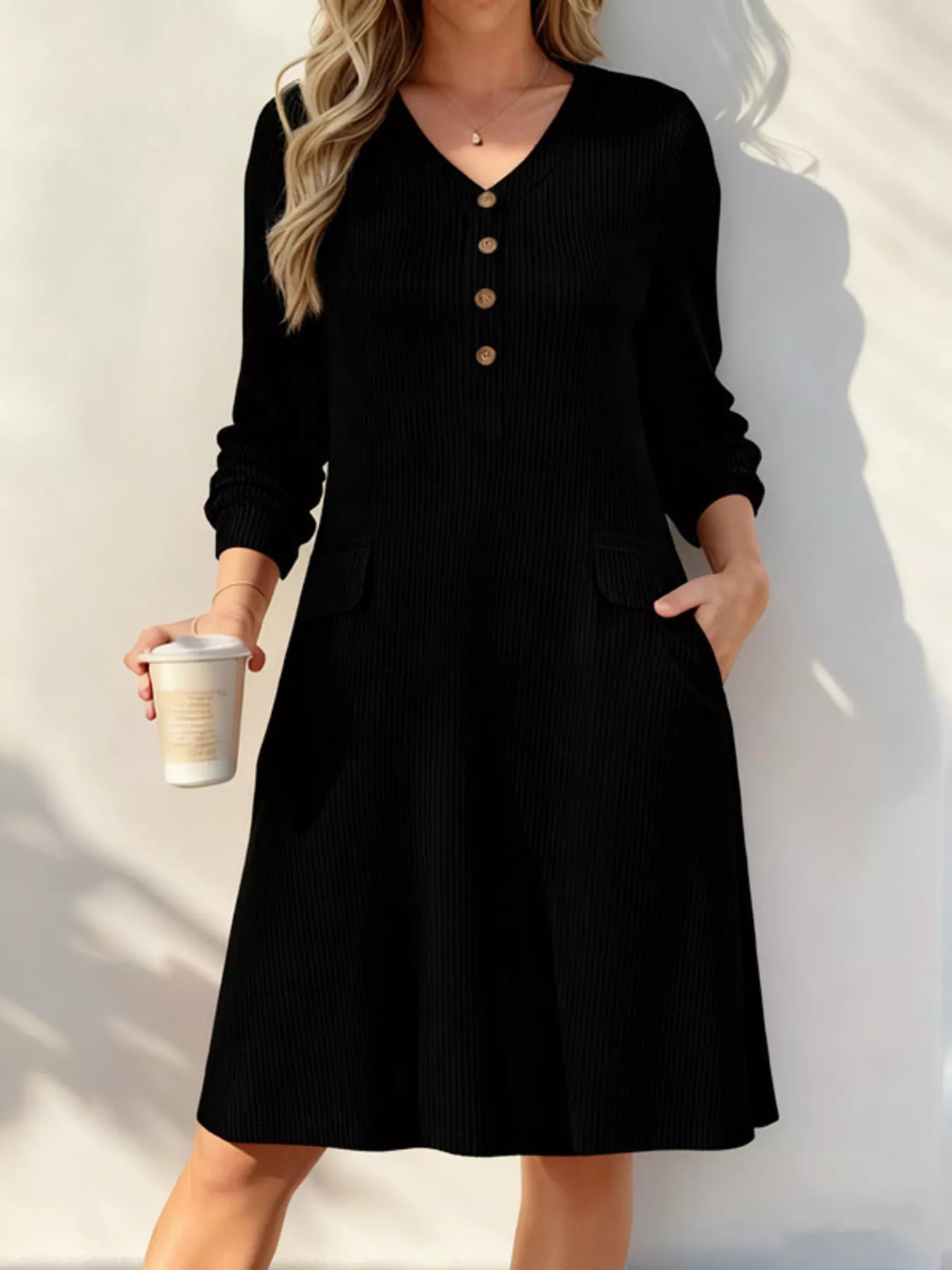 Trendsi Full Size Ribbed Knit V-Neck Dress Plus Size -