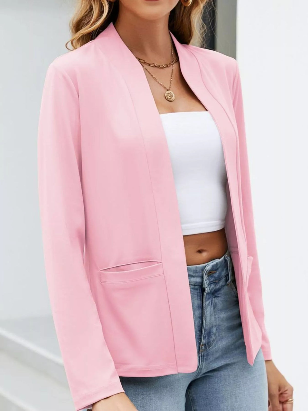 Mandarin neck long sleeve blazer, front view on model