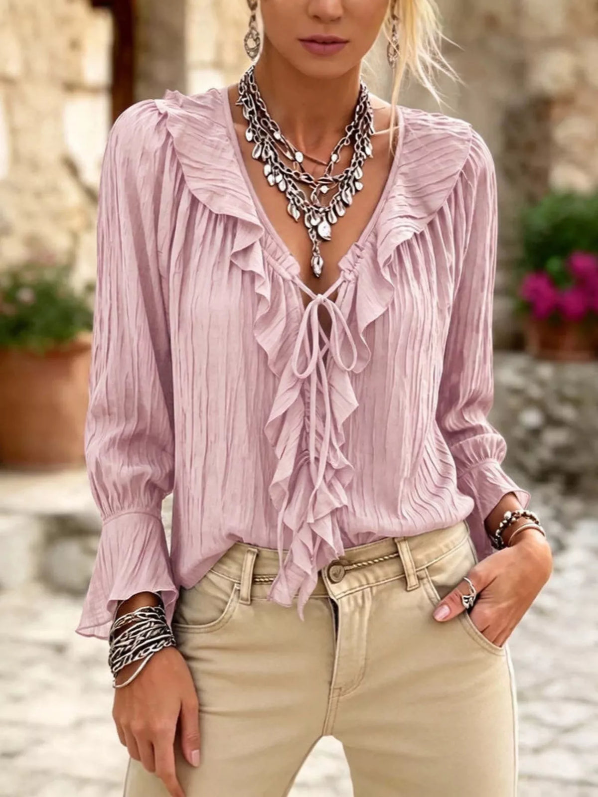 Dusty Pink Ruffled Tie Neck Long Sleeve Blouse front view