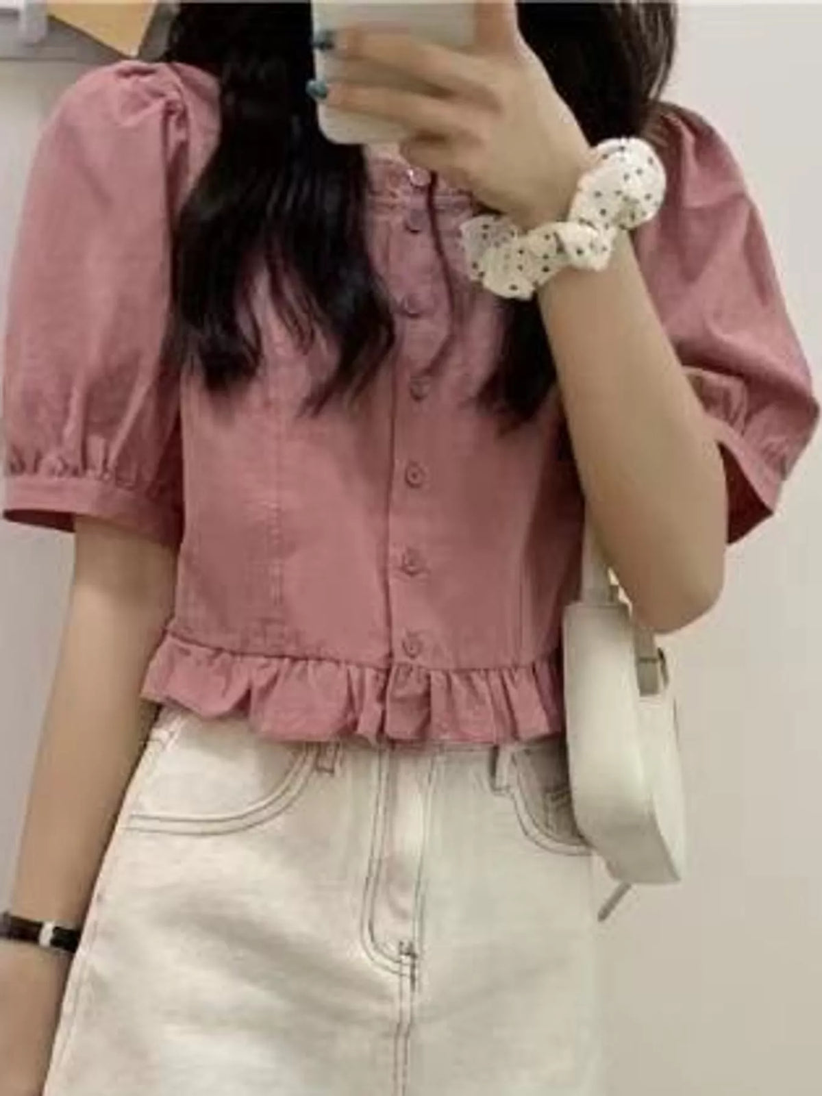 Ruffled Hem Button-Down Shirt — front view