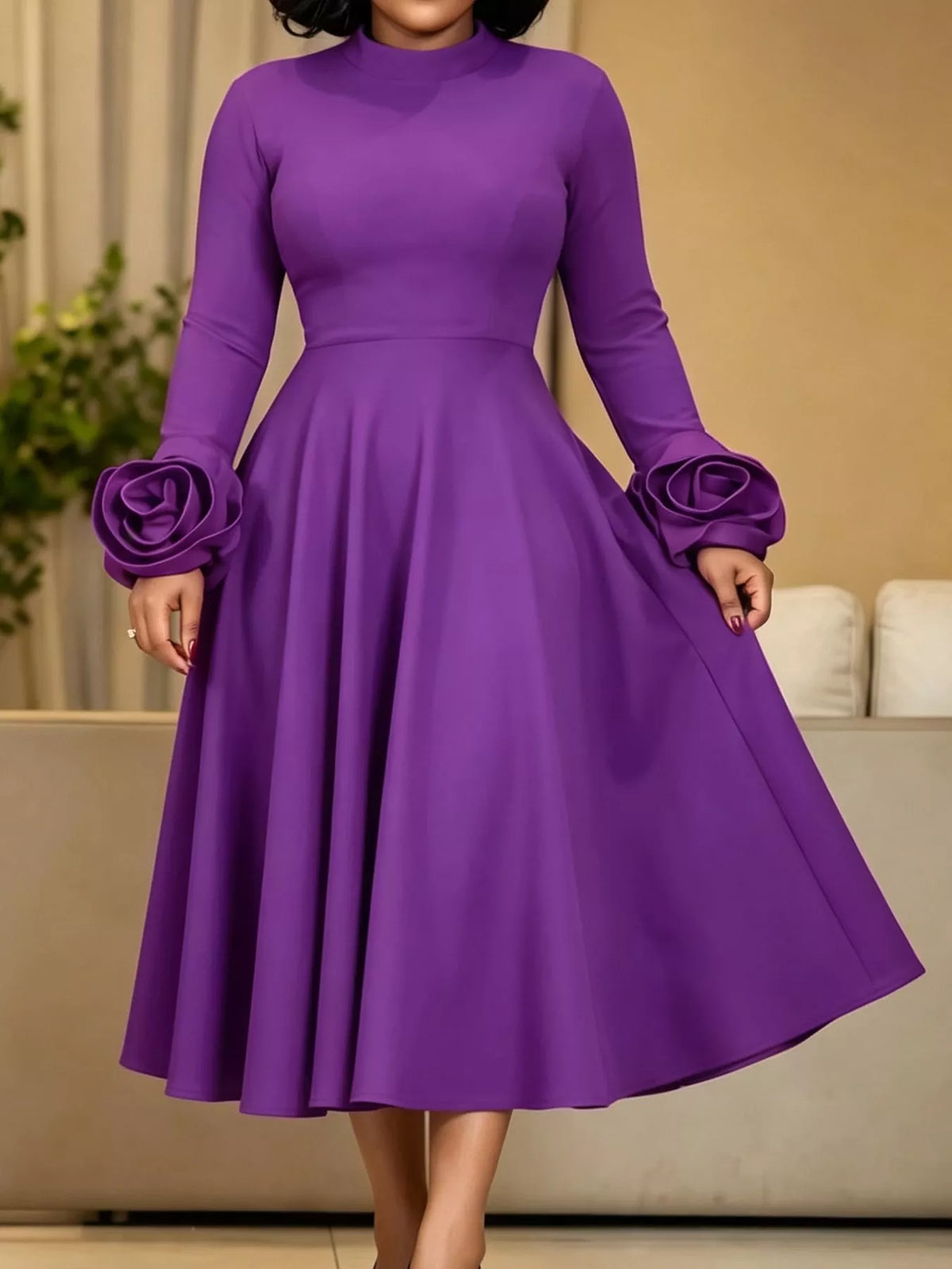 Mock neck long sleeve midi dress, front view on model