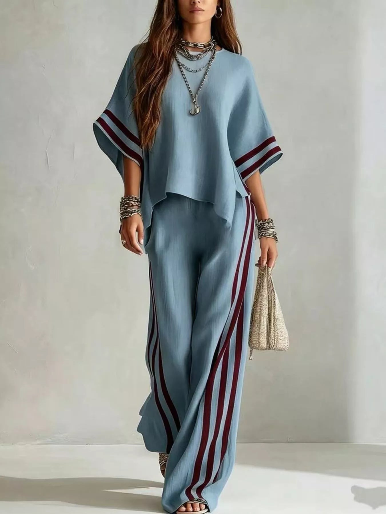 Trendsi Full Size Striped 3/4 Sleeve Top and Pants Set Plus Size -