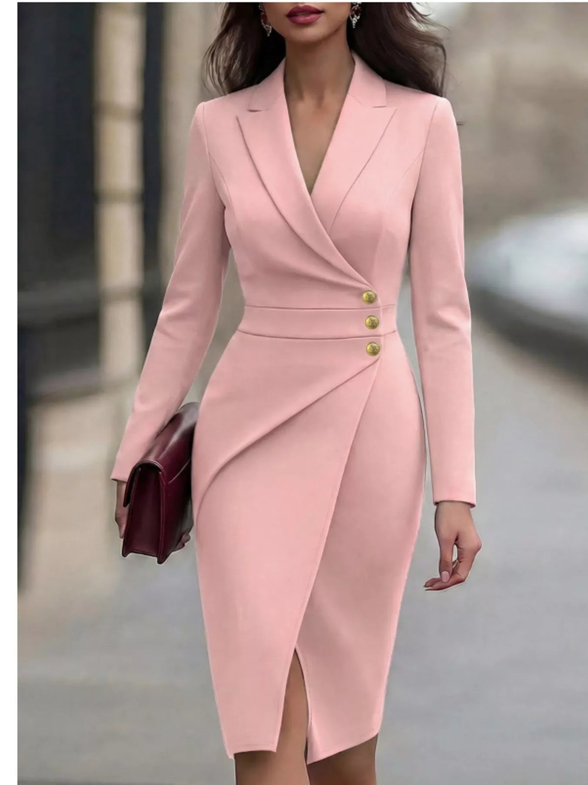 Lapel Collar Long Sleeve Blazer Dress — front view