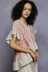 Trendsi POL Floral V-Neck Short Sleeve Ruffled Double Gauze Blouse with Embroidery Detail -