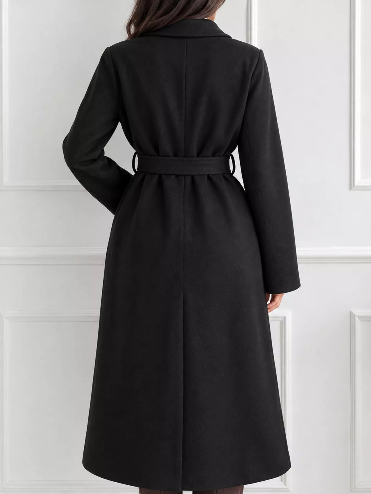 Black lapel collar belted coat, back view