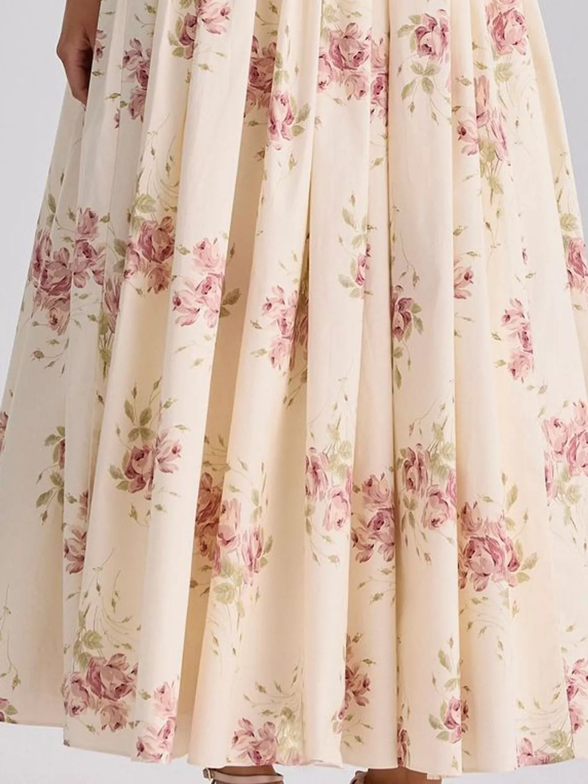 Women's Paneled Bodice Gathered Midi Dress in pink floral — print detail view