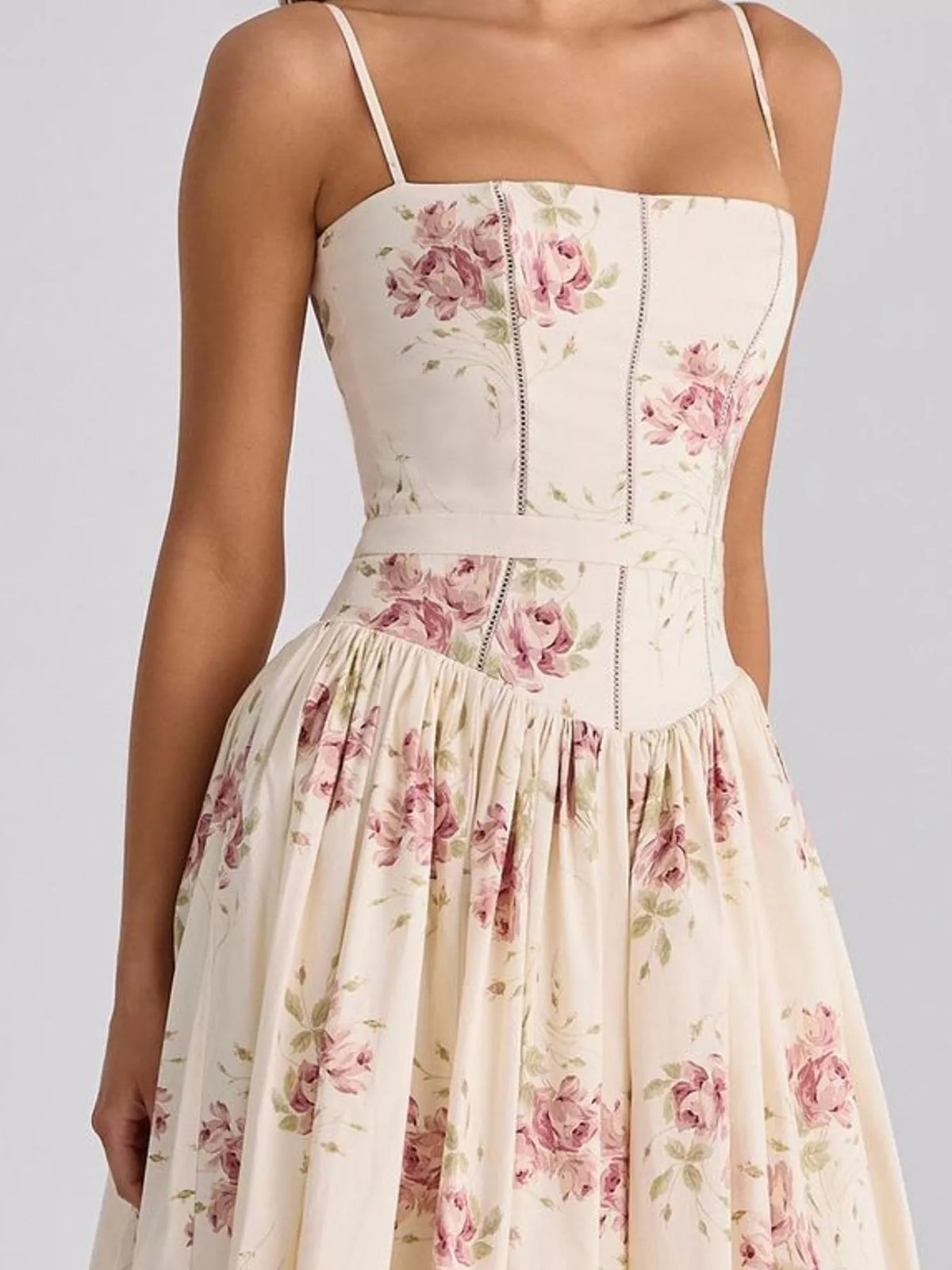 Women's Paneled Bodice Gathered Midi Dress in pink floral — bodice detail view