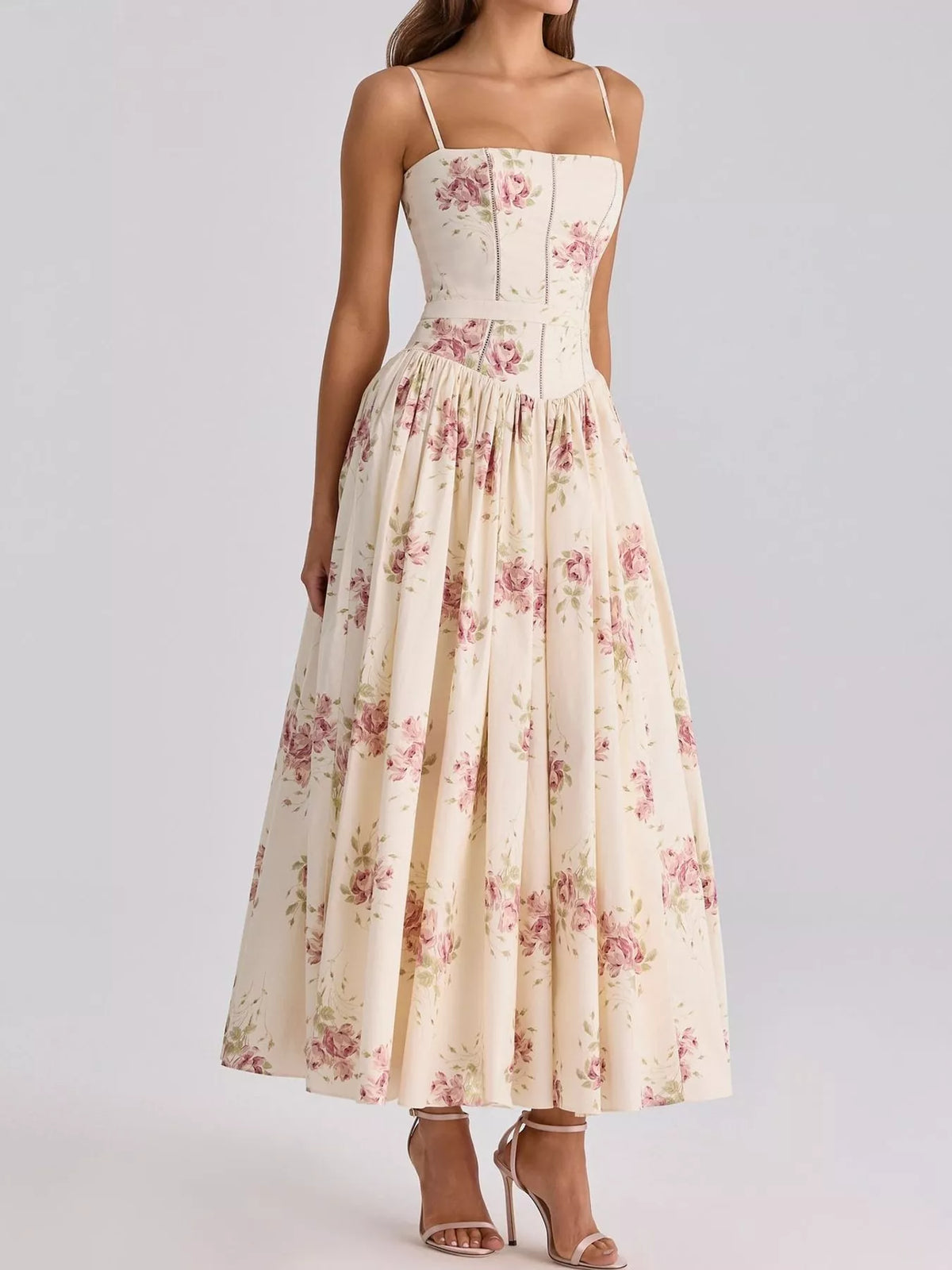 Women's Paneled Bodice Gathered Midi Dress in pink floral — front view