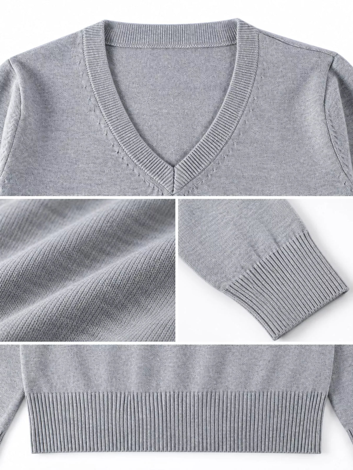 Women's V-Neck Long Sleeve Sweater in gray — detail collage view