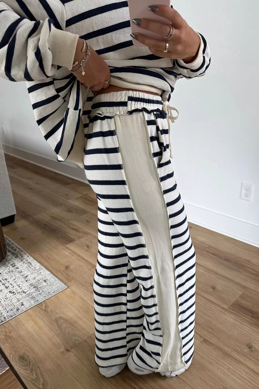Women's Striped Long Sleeve Top and Wide-Leg Pants Set in White, detail view