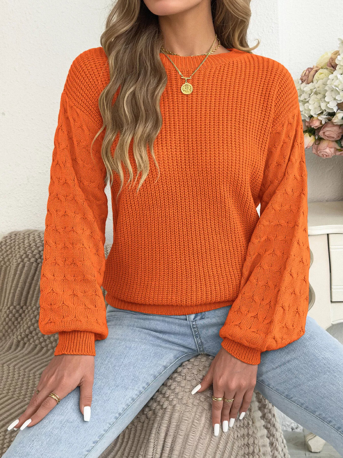 Orange textured dropped shoulder sweater