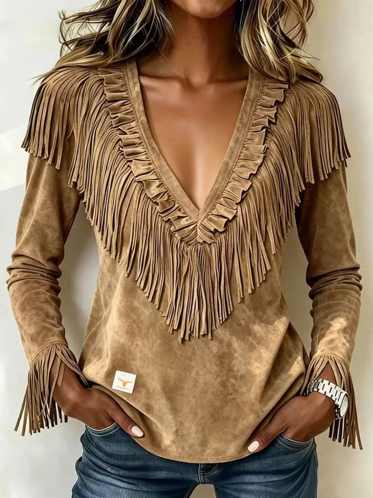 Fringed V-Neck Blouse in taupe, front view
