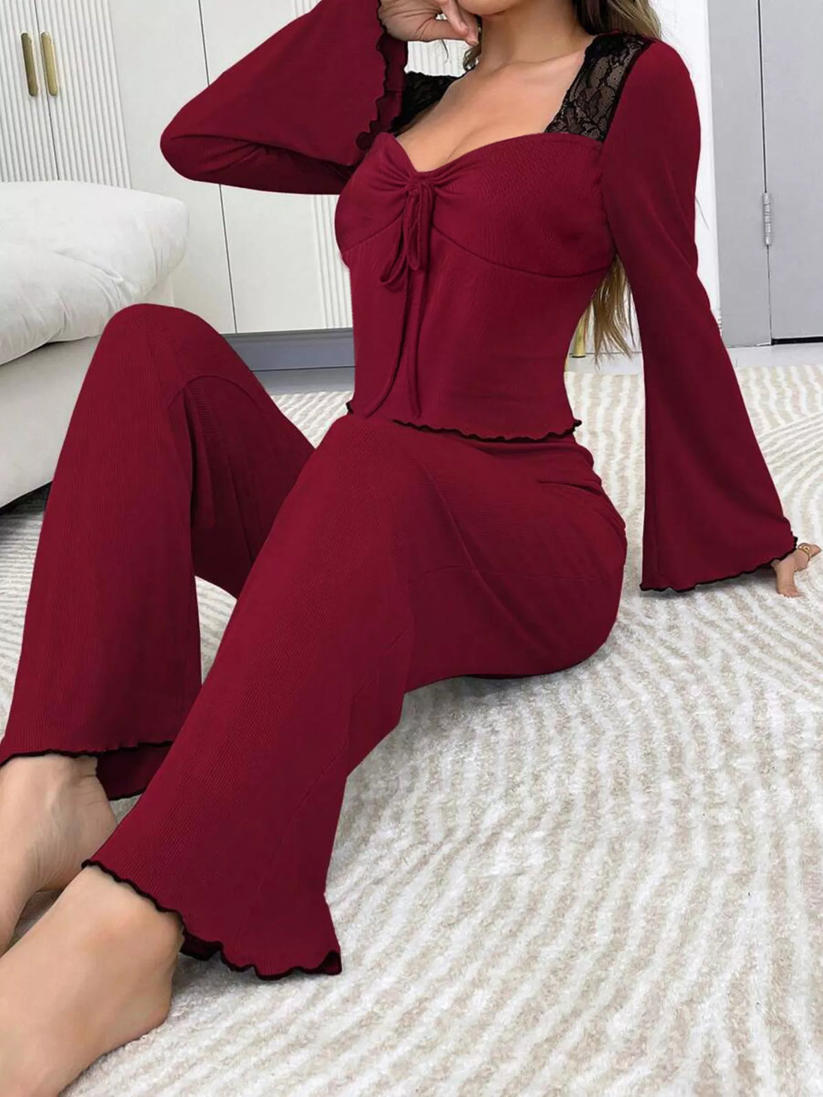 Red Lace-Trim Flare-Sleeve Top & Pants Lounge Set seated front view